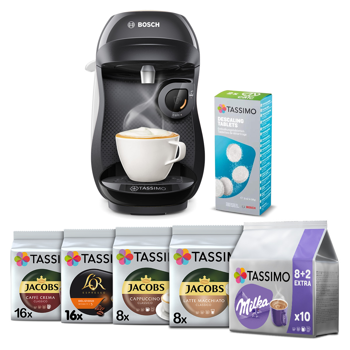 Zestaw ekspres kapsułkowy Bosch Happy czarny i 56 kaw odkamieniacz