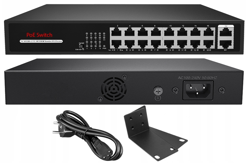 Switch PoE 16x PoE 2x Uplink 10/100Mbps 160W PoE do kamer Ip