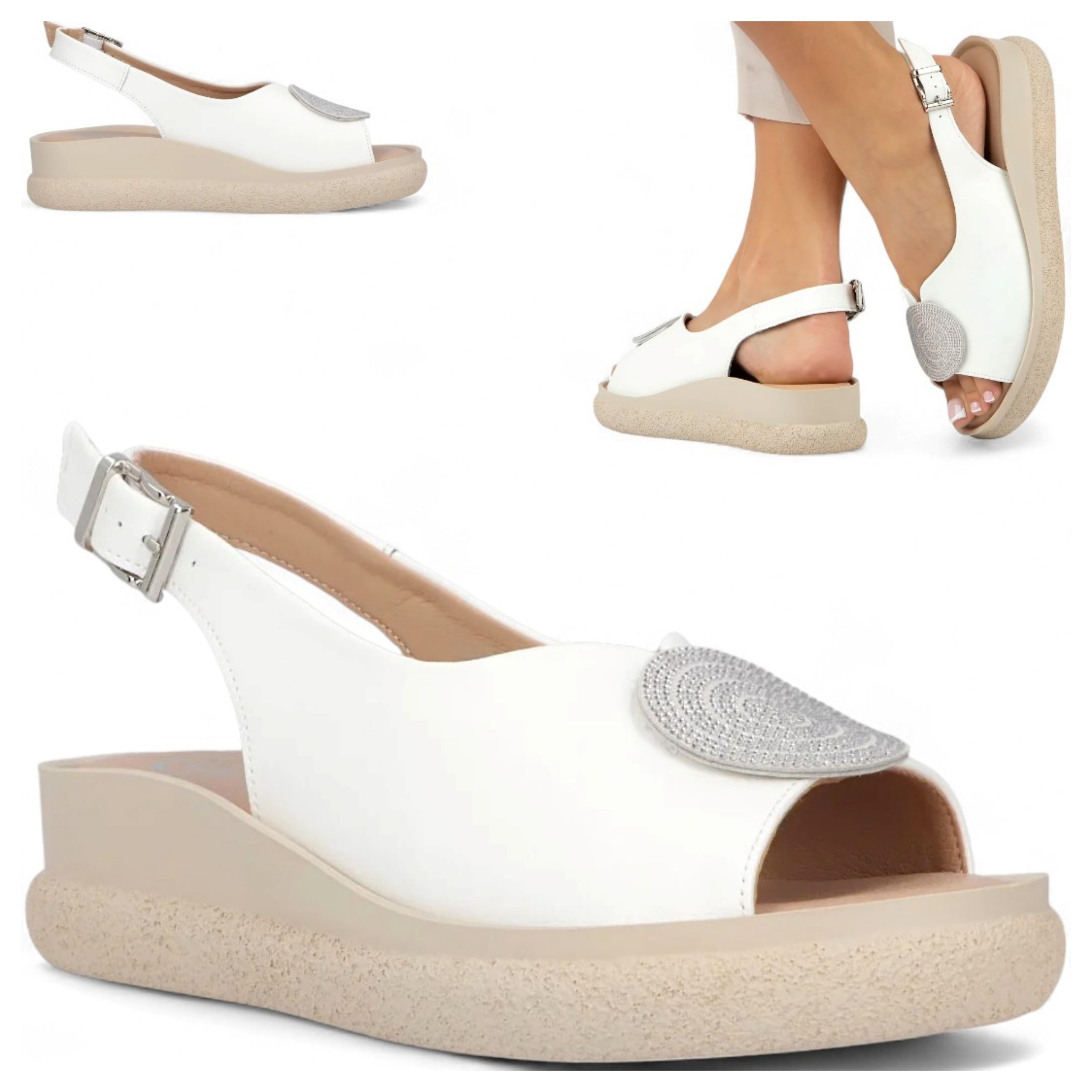 39 Filippo Dámské kožené sandály na letní koturnu, pohodlné, stylové, bílé