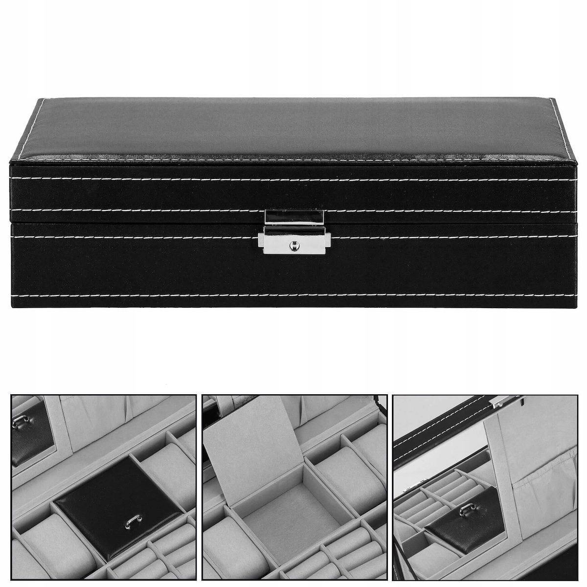 ORGANIZER SZKATUŁKA ETUI NA ZEGARKI 8szt BIŻUTERIĘ PUDEŁKO ELEGANCKIE Kolor czarny