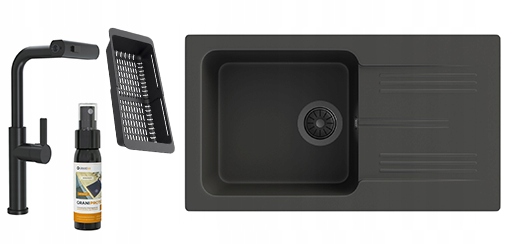 Dřez Granitový Jednokomorový Ada Černá Baterie Giro Sifon Košík