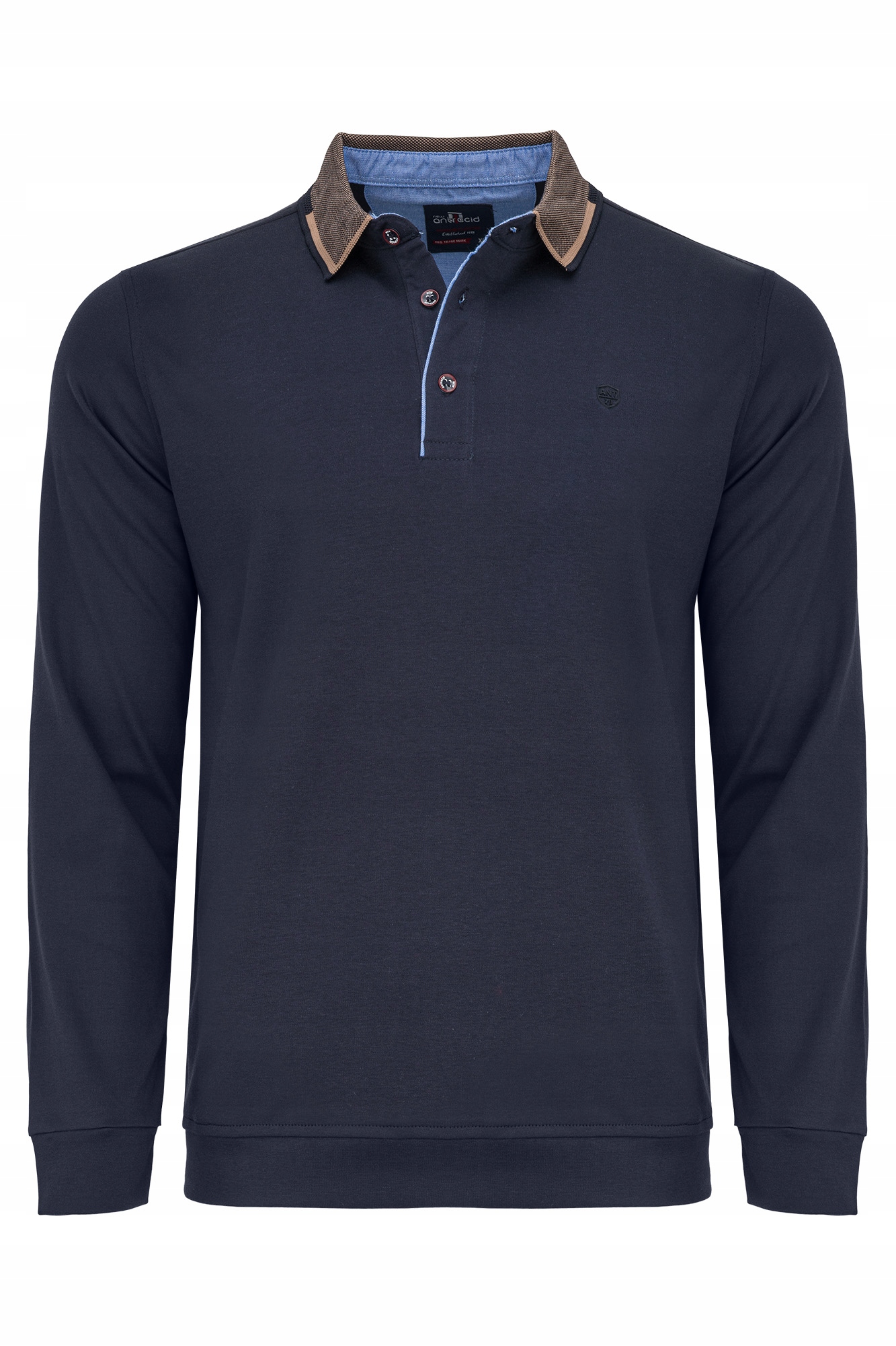 Long Pánské Tričko Tmavě Modrý Límeček S Dlouhým Rukávem 100% Bavlna: XL