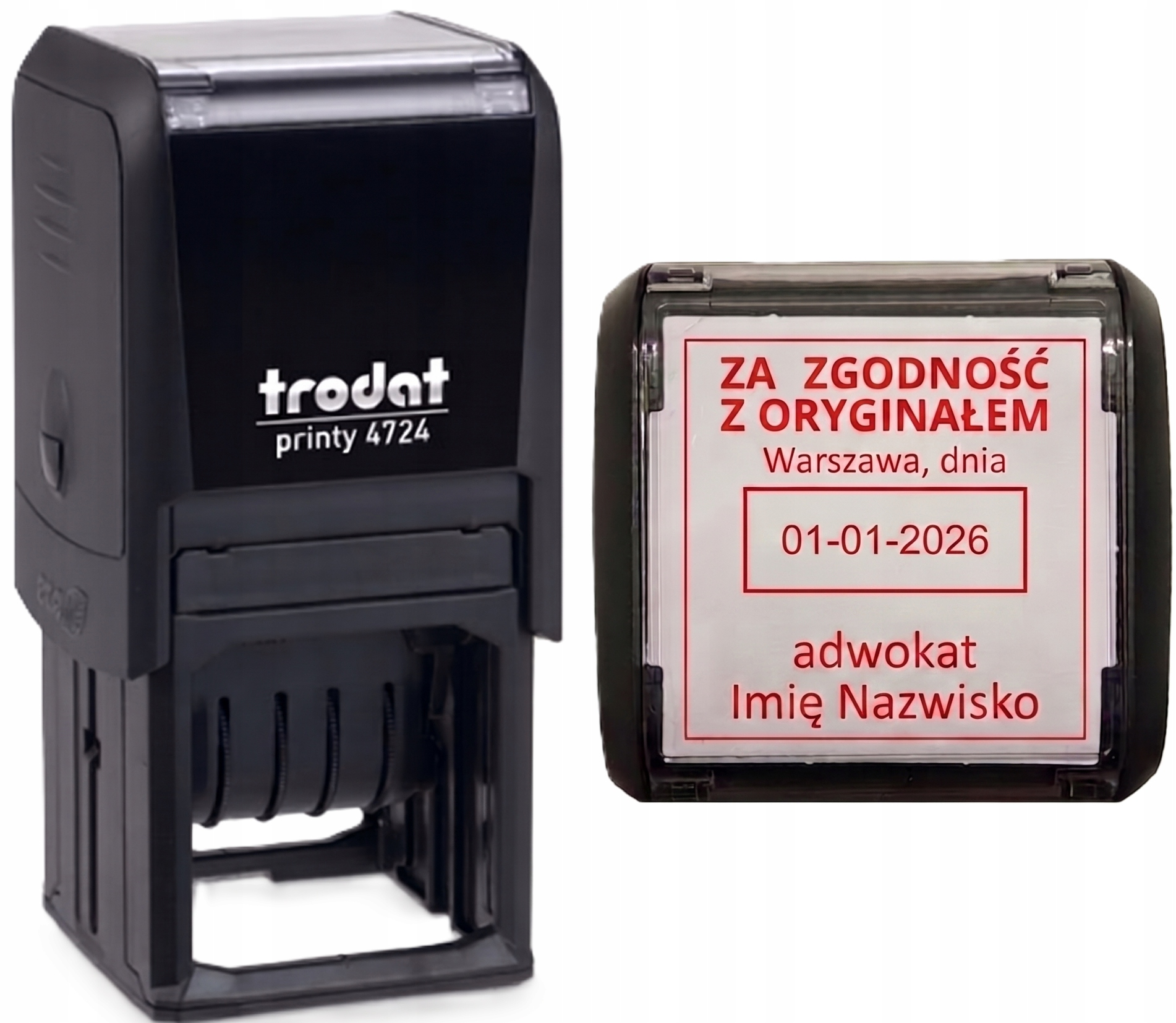 Pieczątka Datownik Trodat 4724 własny tekst data cyfrowa rozmiar 40x40mm