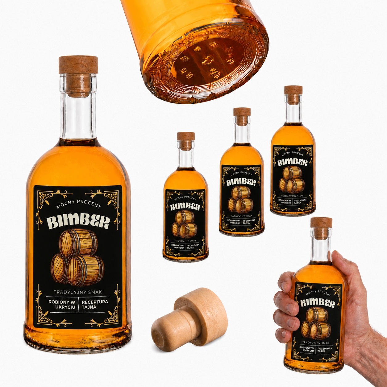 20 x skleněné lahve Tadeusz 500 ml se šroubovacím uzávěrem a etiketami na alkohol