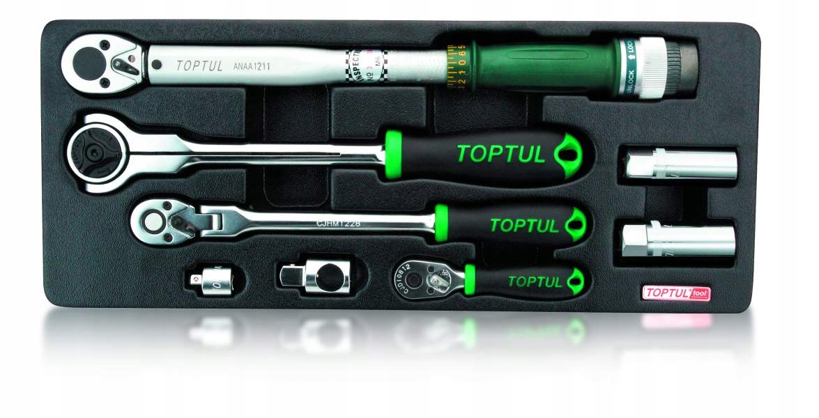 Wkładka narzędziowa TOPTUL 8 szt. – nasadki, grzechotki, klucz dynamo