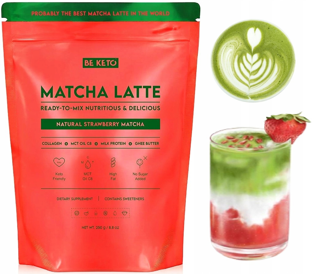 Matcha Latte Naturalna Truskawka 250g BeKeto Olej Mct C8 & Kolagen & Ghee