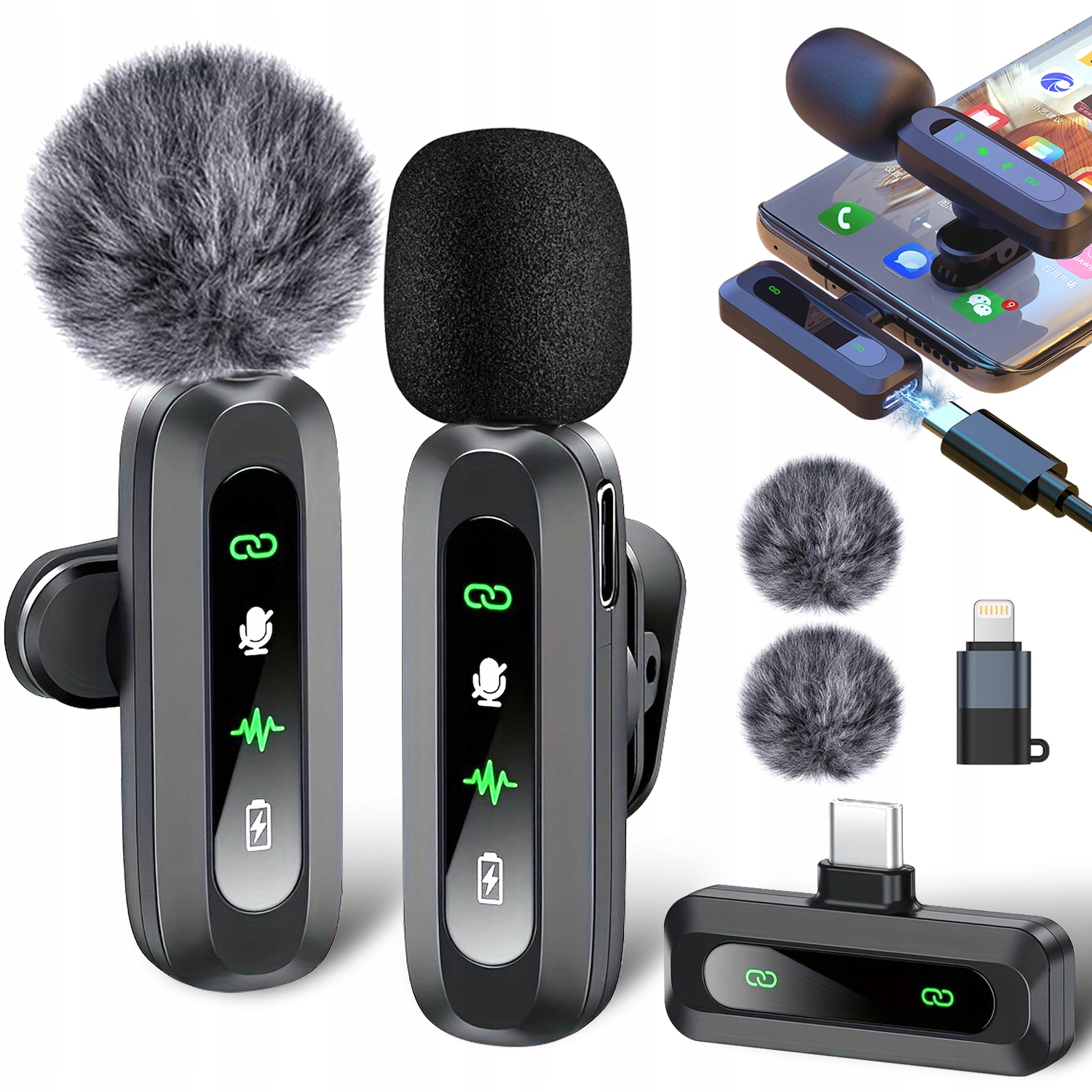 2x Bezprzewodowy Mikrofon Krawatowy J3 Usb-c 2 Wiatroszczelna Lighting