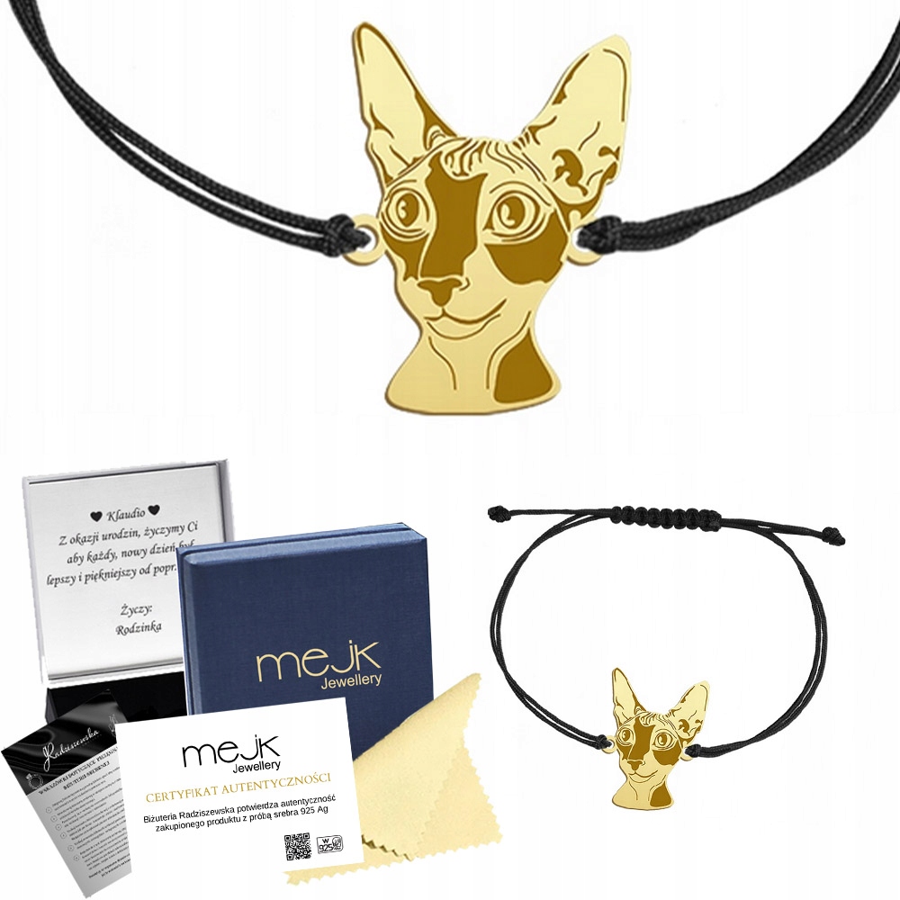 Zlatý náramek s kočkou Cornish Rex 925 Šňůra Šperky Dárek Gravírování