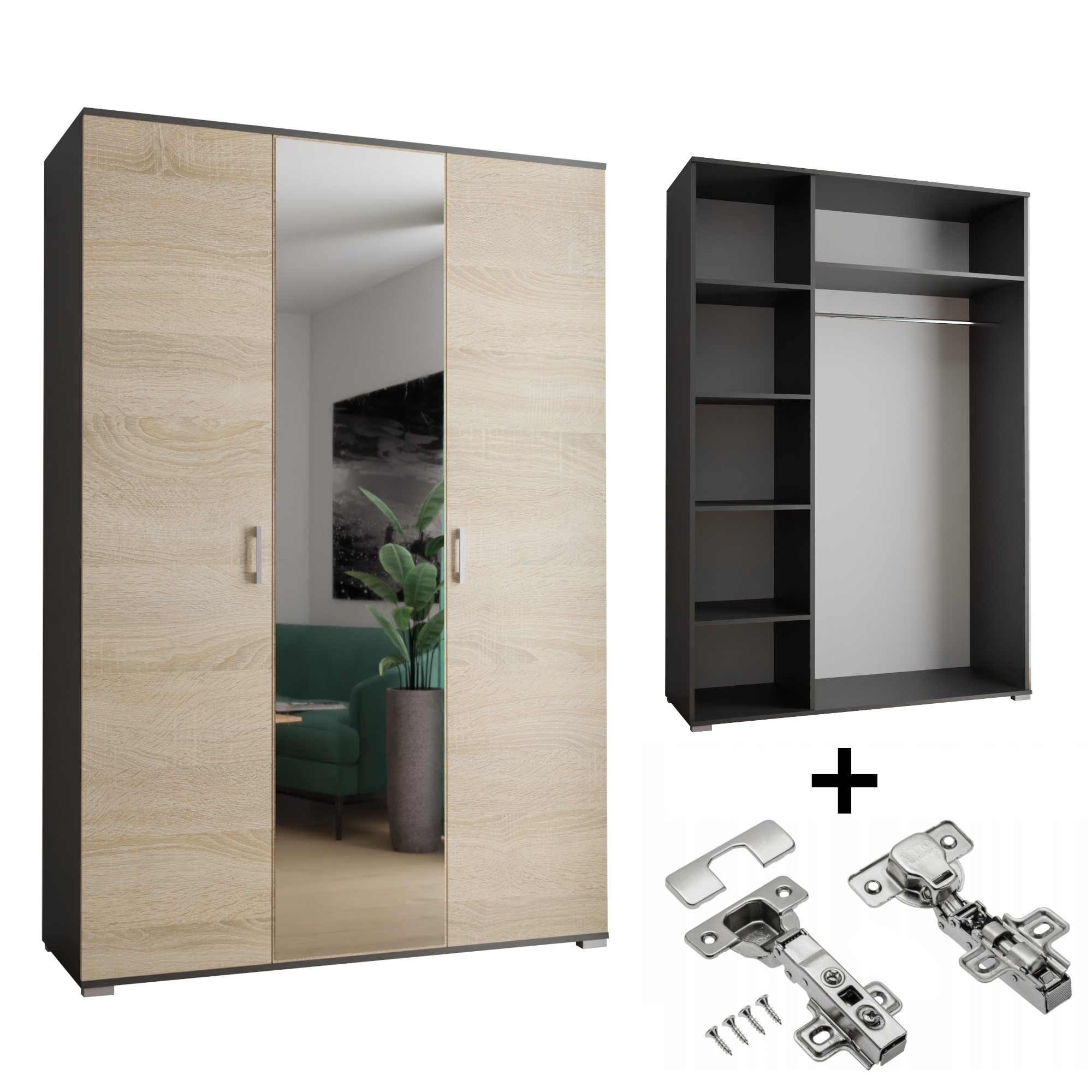 Skříň 3-D 120 x 192 x 50 cm Sonoma Černá Zrcadlo S Tlumením Dovírání