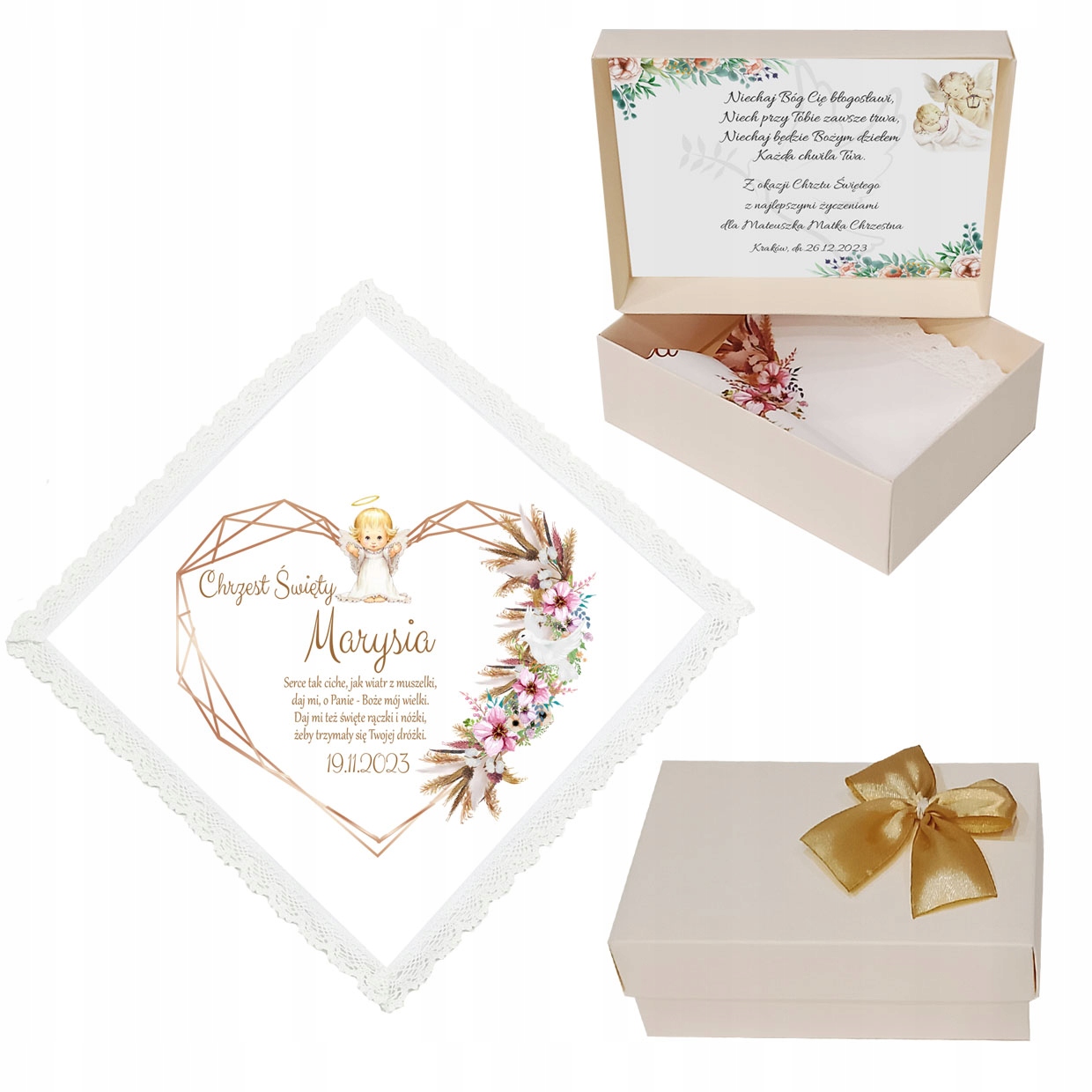 BIAŁA SZATKA DO CHRZTU dla chłopca dziewczynki NA CHRZEST IMIĘ pudełko