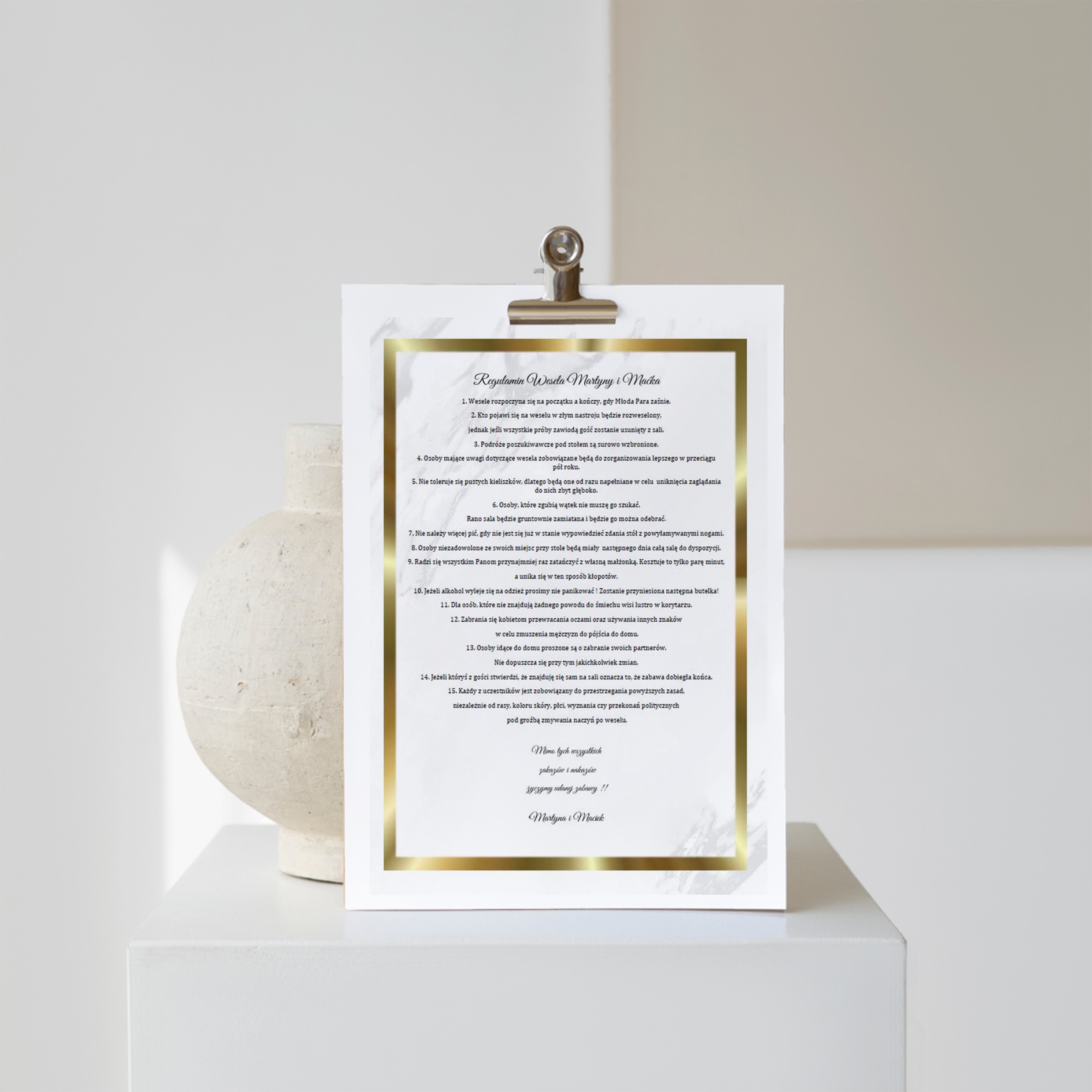 Regulamin Wesela A3 Wesele Ślub SZTYWNA GRUBOŚĆ 10mm
