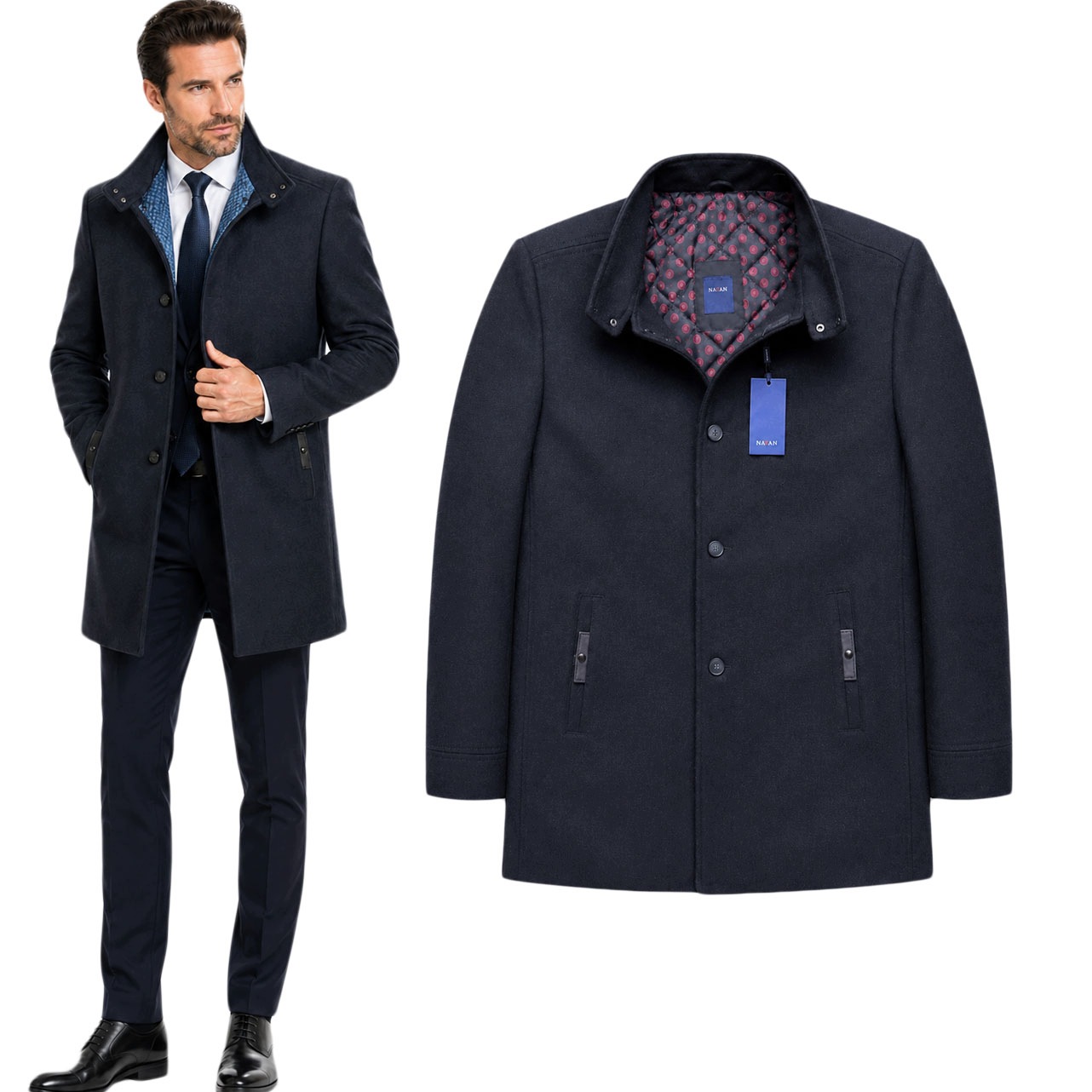 Pánský zimní kabát klasický, elegantní, přiléhavý, tmavě modrý s XXL stojáčkem