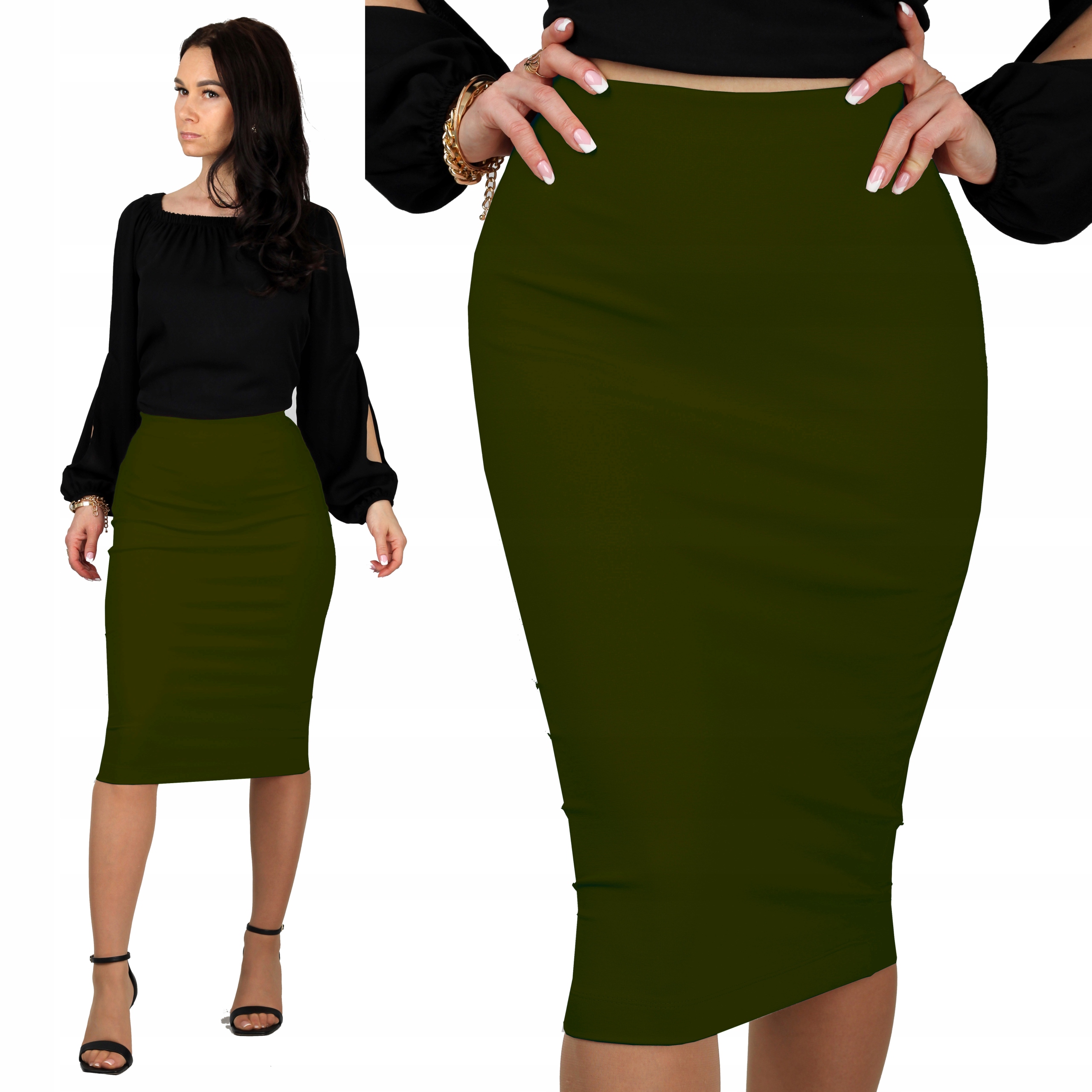 L TUBA KHAKI spódnica dopasowana midi ołówkowa dzianinowa obcisła 40