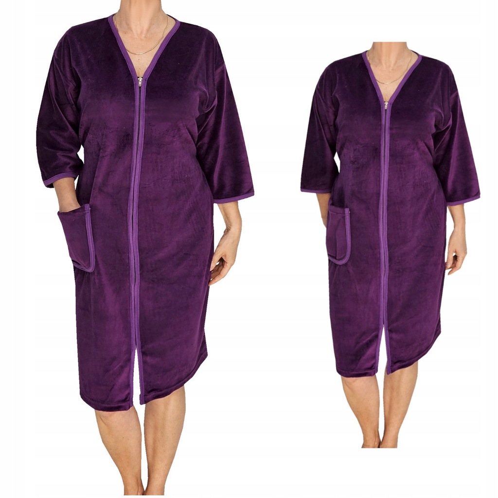 Szlafrok welurowy na zamek, 3/4 rękaw bawełna, Rozmiar 3XL, fiolet 1040