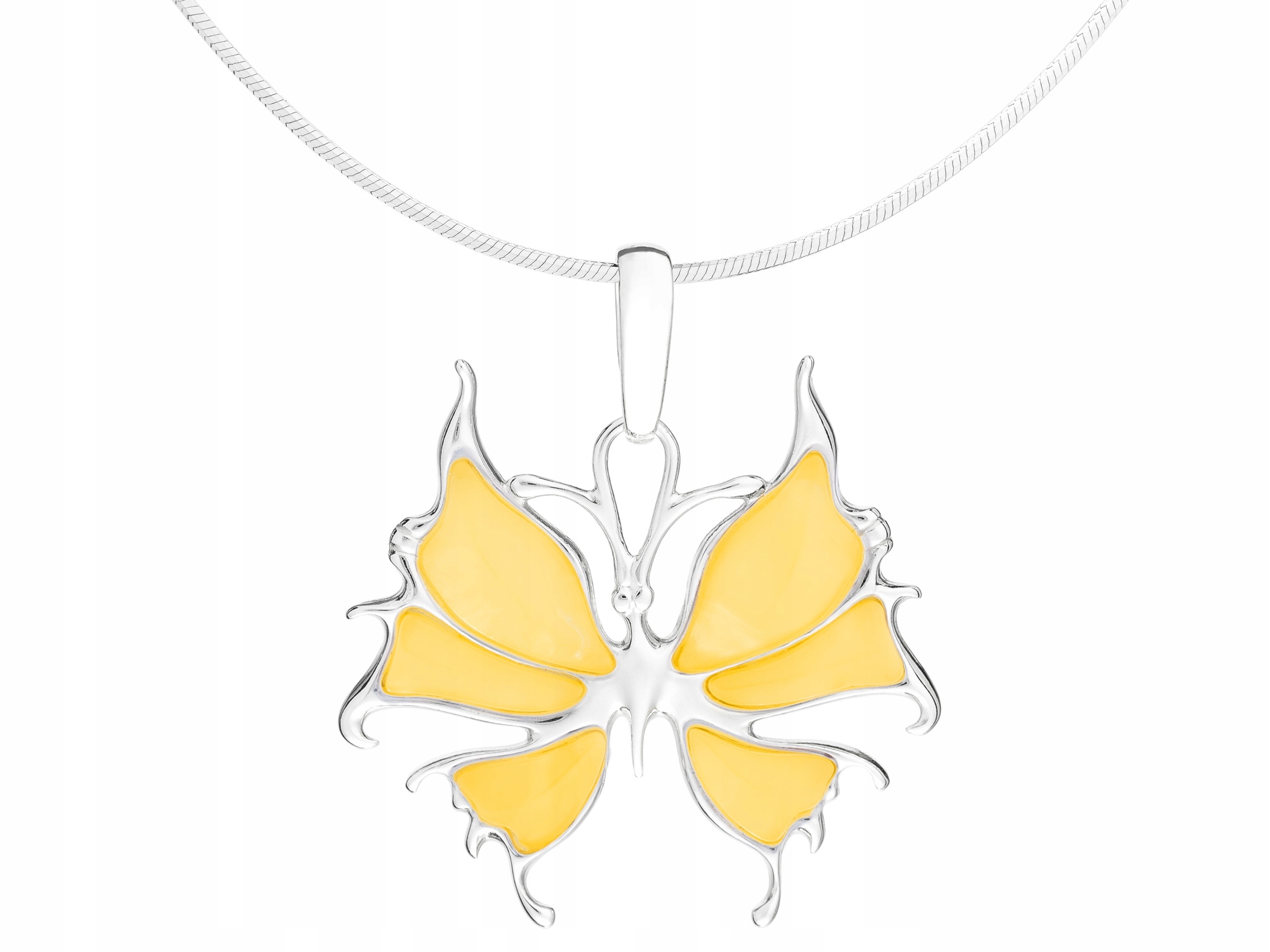 Dlouhý stříbrný dámský náhrdelník Motýl se žlutým jantarem Motýlek Stříbro 75