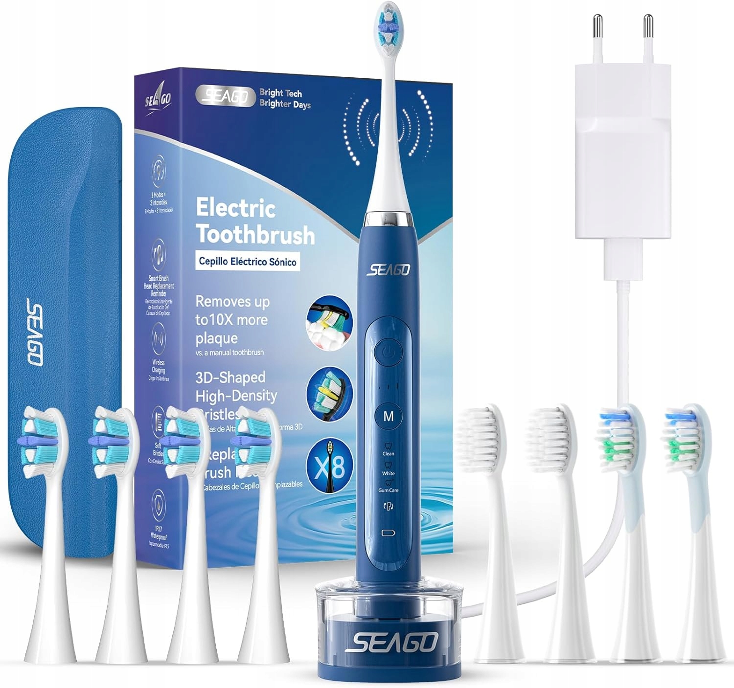 Soniczna szczoteczka do zębów Seago SG-982 z etui i 8 końcówkami, niebieska
