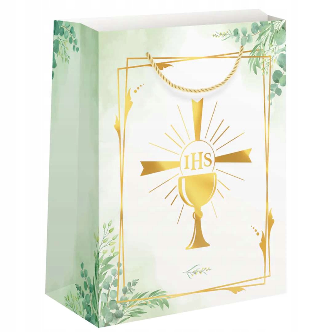 TOREBKA na prezenty IHS KOMUNIA ŚWIĘTA eukaliptus ZŁOCONA prezentowa L