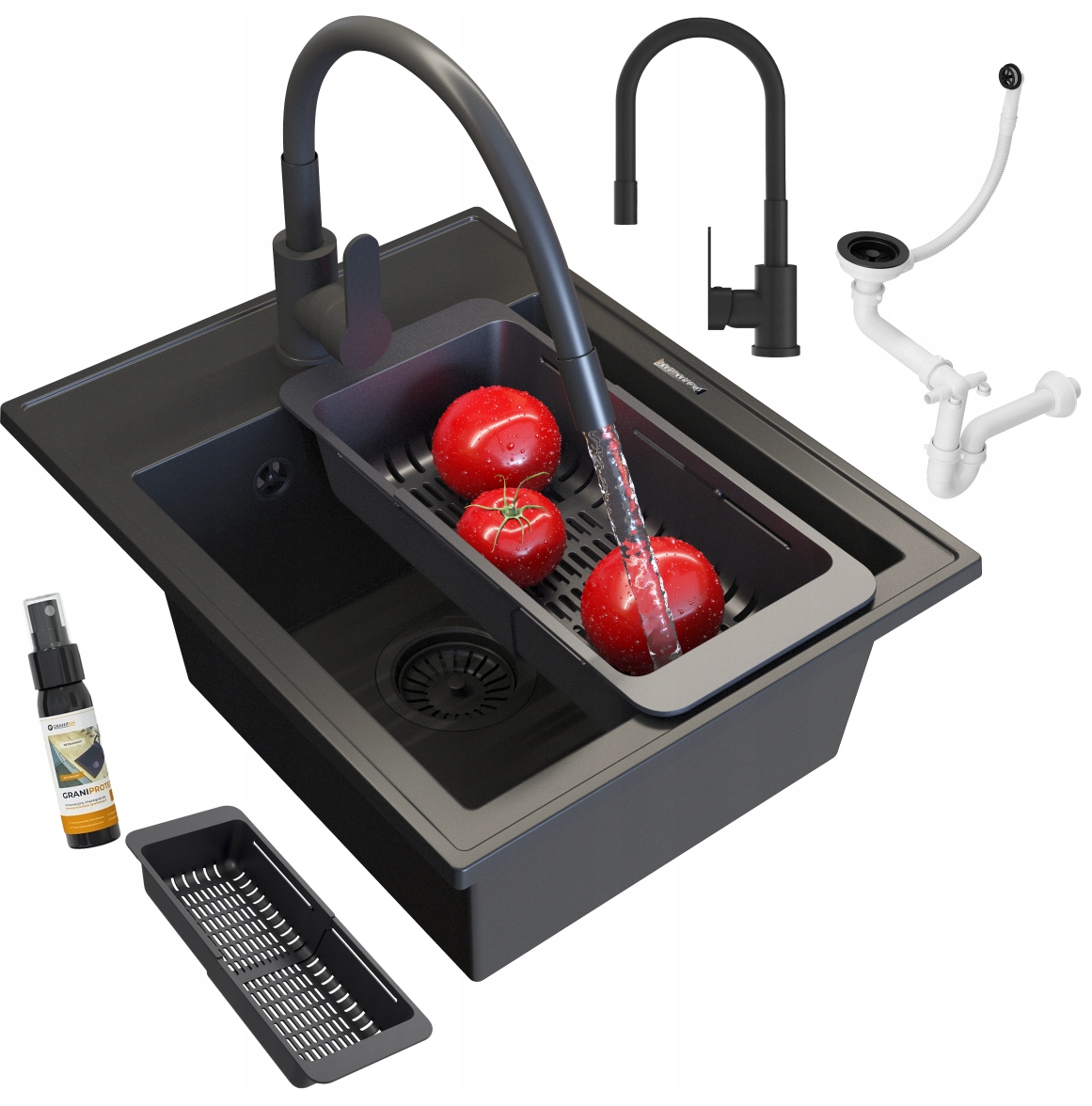 Granitový Drez, Čierna Kuchynská Batéria, Nero, Sifón, Košík, Sada