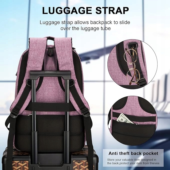 Lumesner różowy podróżny plecak na laptopa z portem ładowania USB; 15,6" Wielkość matrycy 15.6