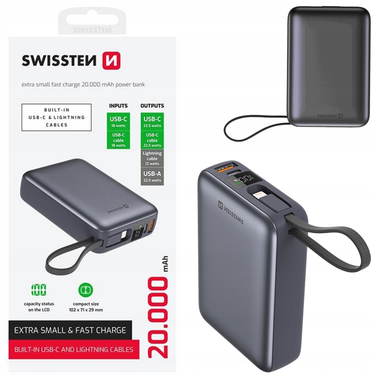Powerbanka Swissten 20000 mAh Usb-c Usb-a Kabel Usb-c Lightning LCD