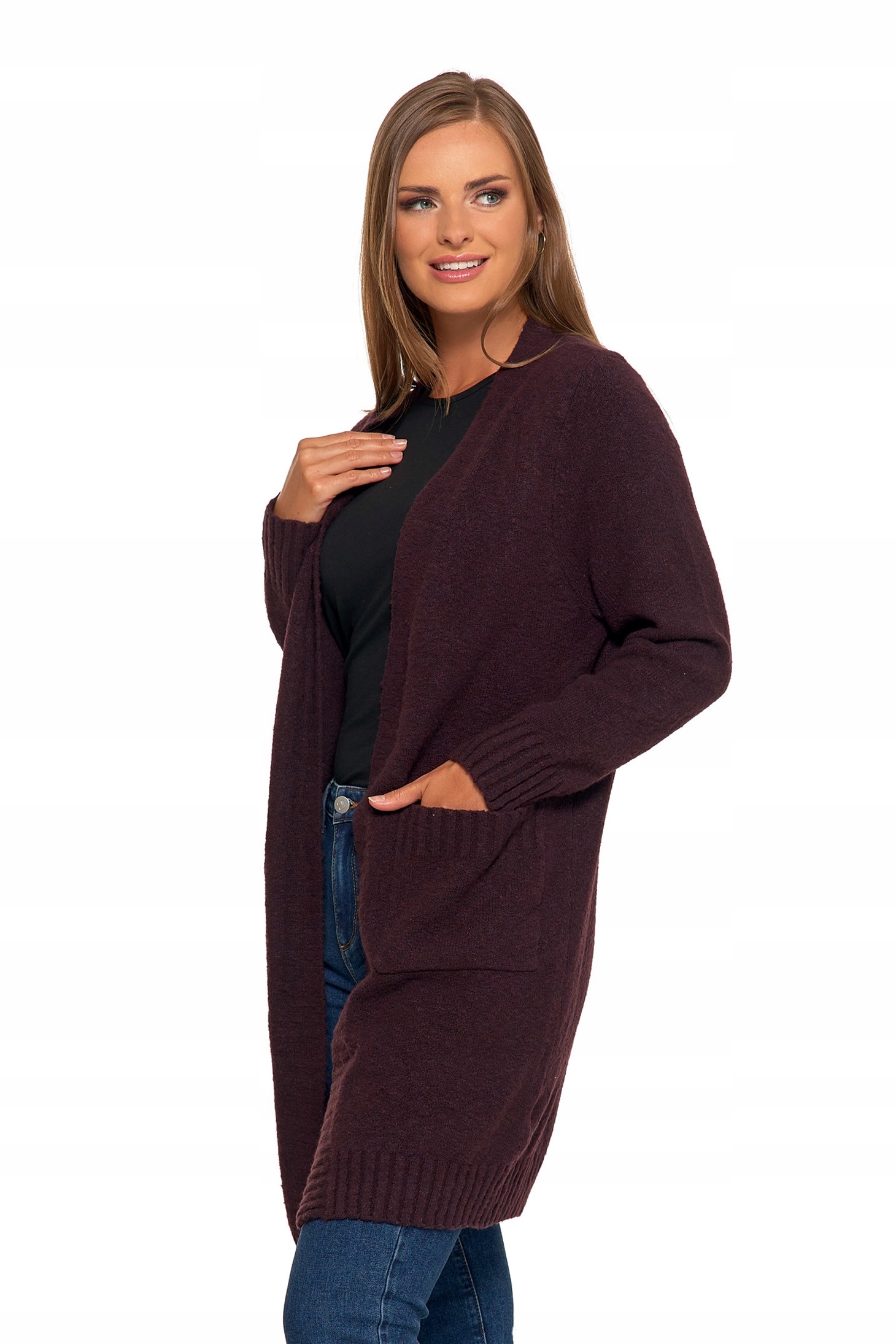 DŁUGI KARDIGAN DAMSKI MORAJ Z KIESZENIAMI DŁUGI RĘKAW SWETER BRĄZOWY M/L Rozmiar M/L