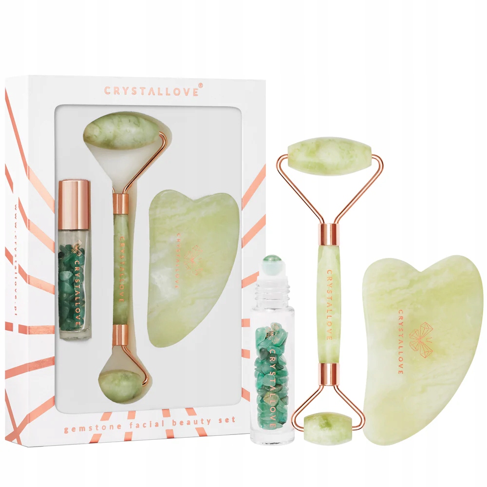 Crystallove Jade beauty set: váleček na obličej destička gua sha roll-on