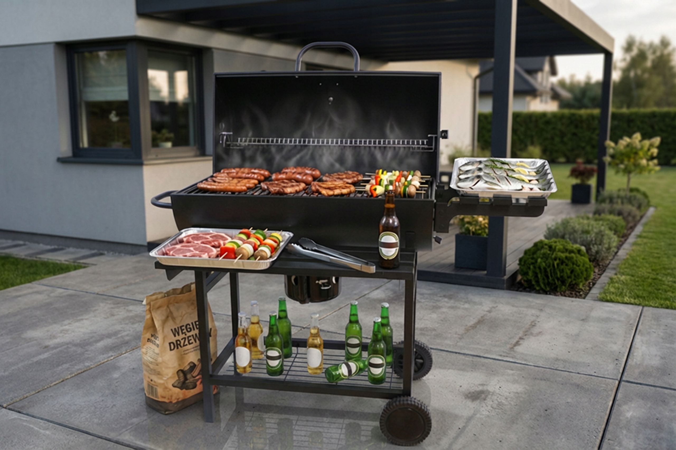 DUŻY GRILL OGRODOWY LANDGRAF + PÓŁKI + POPIELNIK Materiał stal