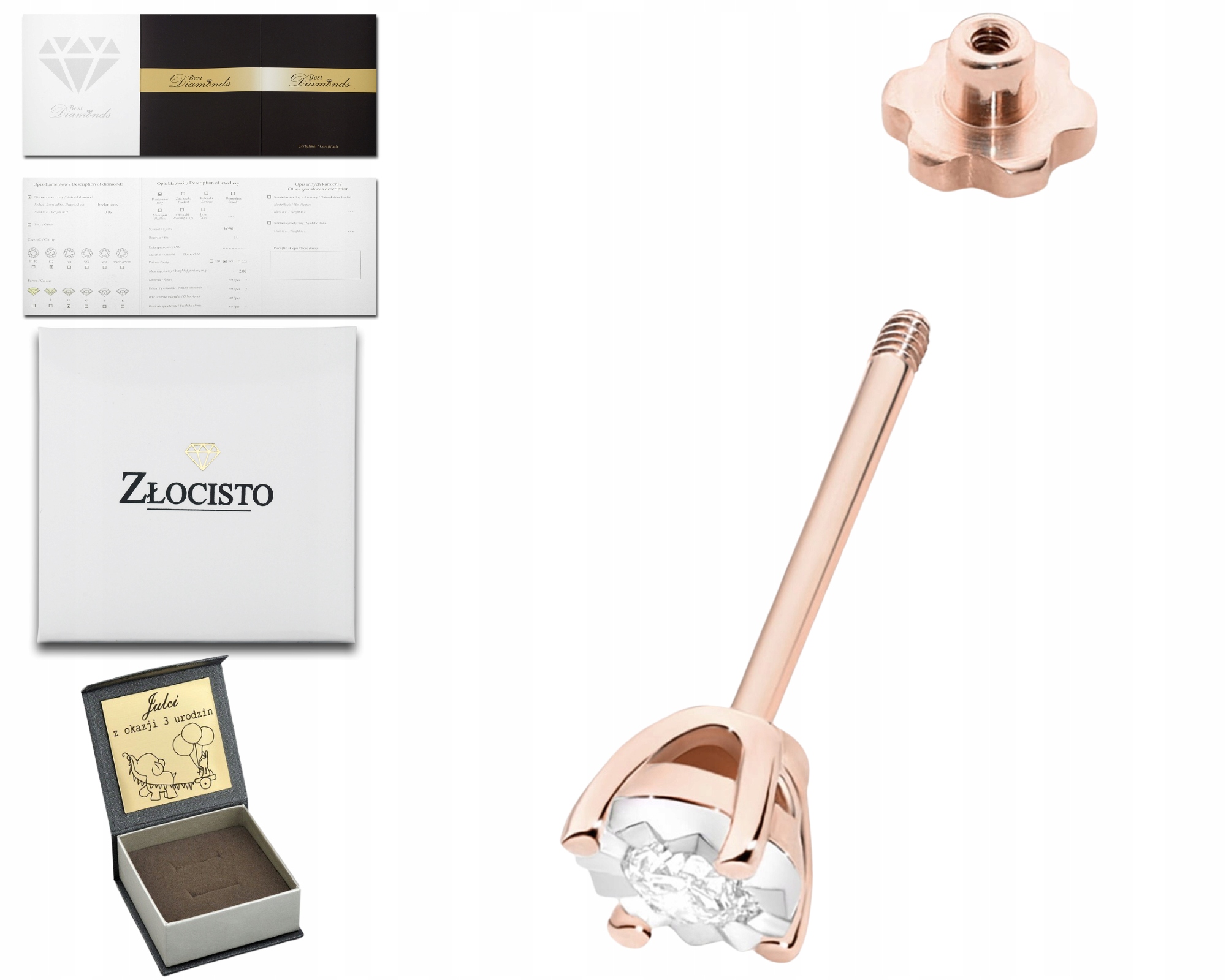 Kolczyk Z Różowego Złota 1 Sztuka Helix Z Diamentem Brylantem Złoto 585