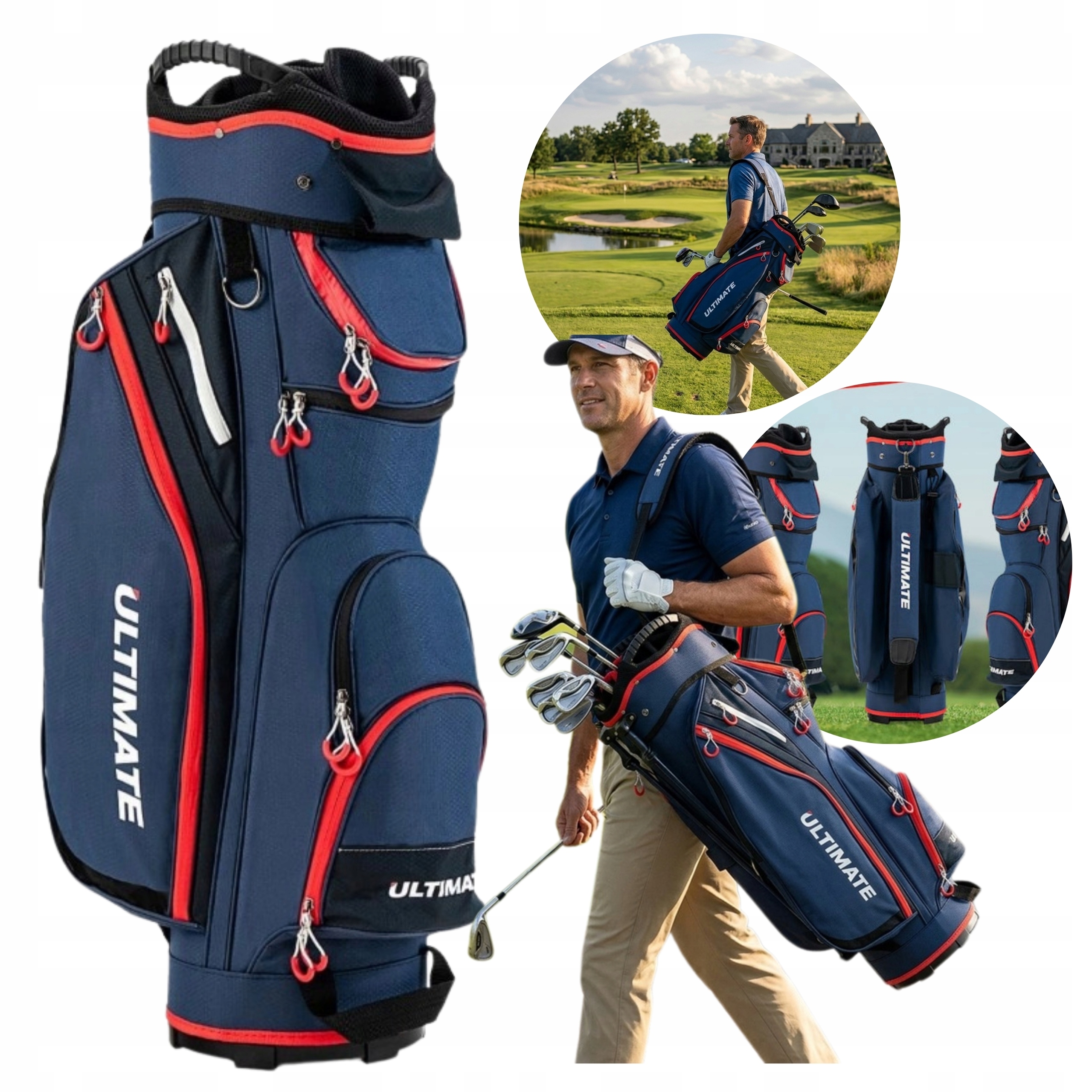 Torba Golfowa Cart Bag Ultimate 14Przegród 7kieszeni Lekka Kaptur Granatowa