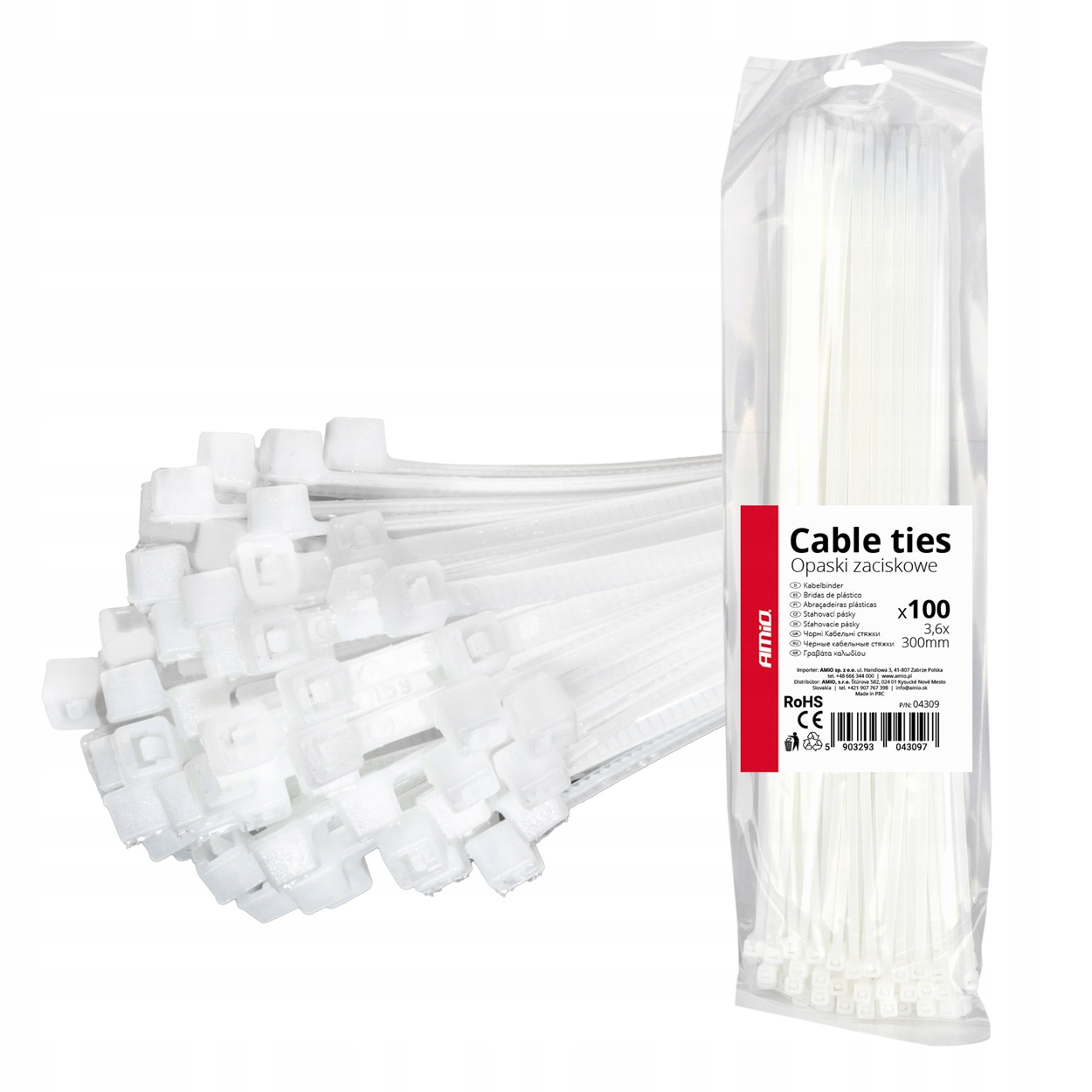 *100 Sztuk* Opaski zaciskowe plastikowe trytytki białe 3.6×300mm AMIO-04309