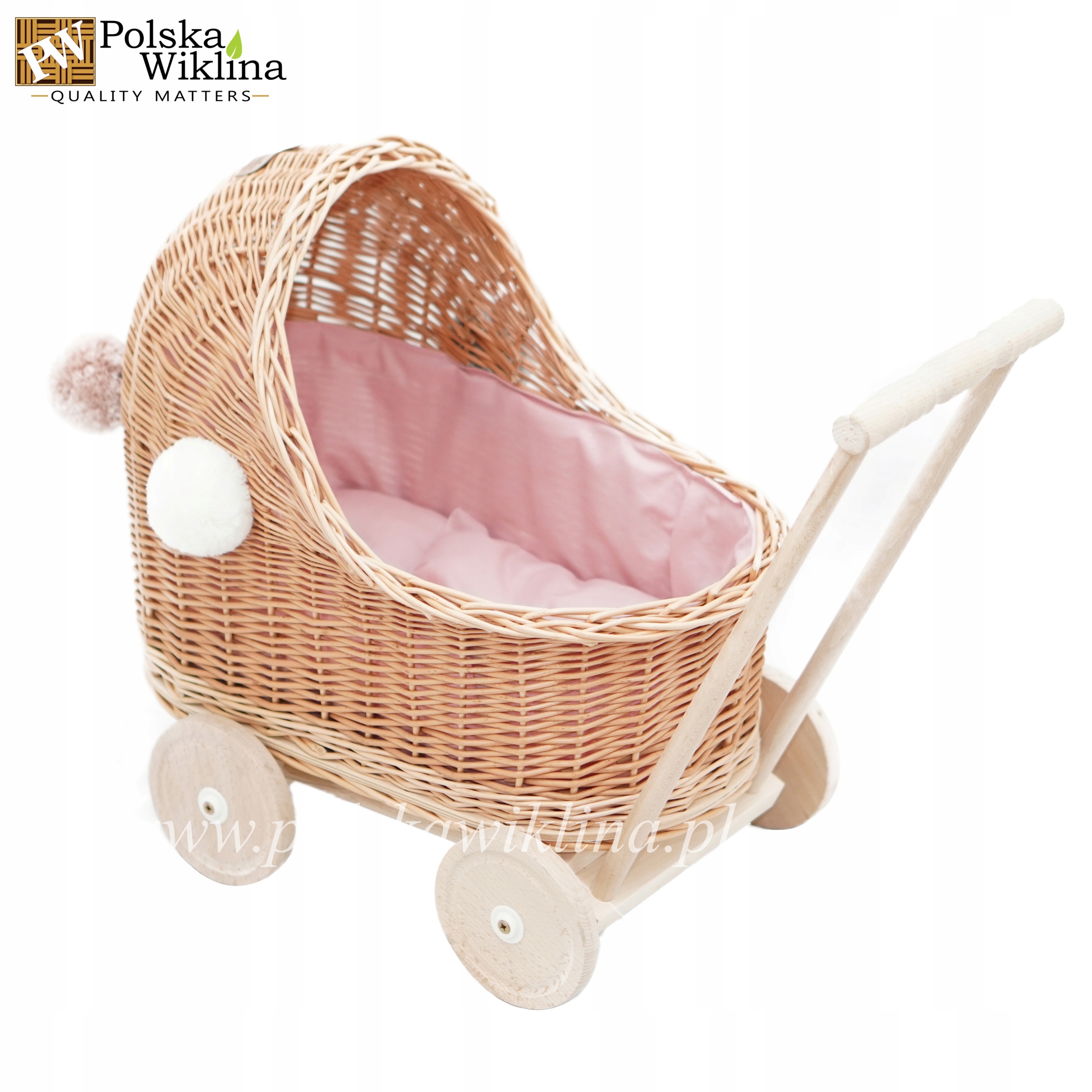 Коляска плетеная низкий natural расшитые розами+помпоны
