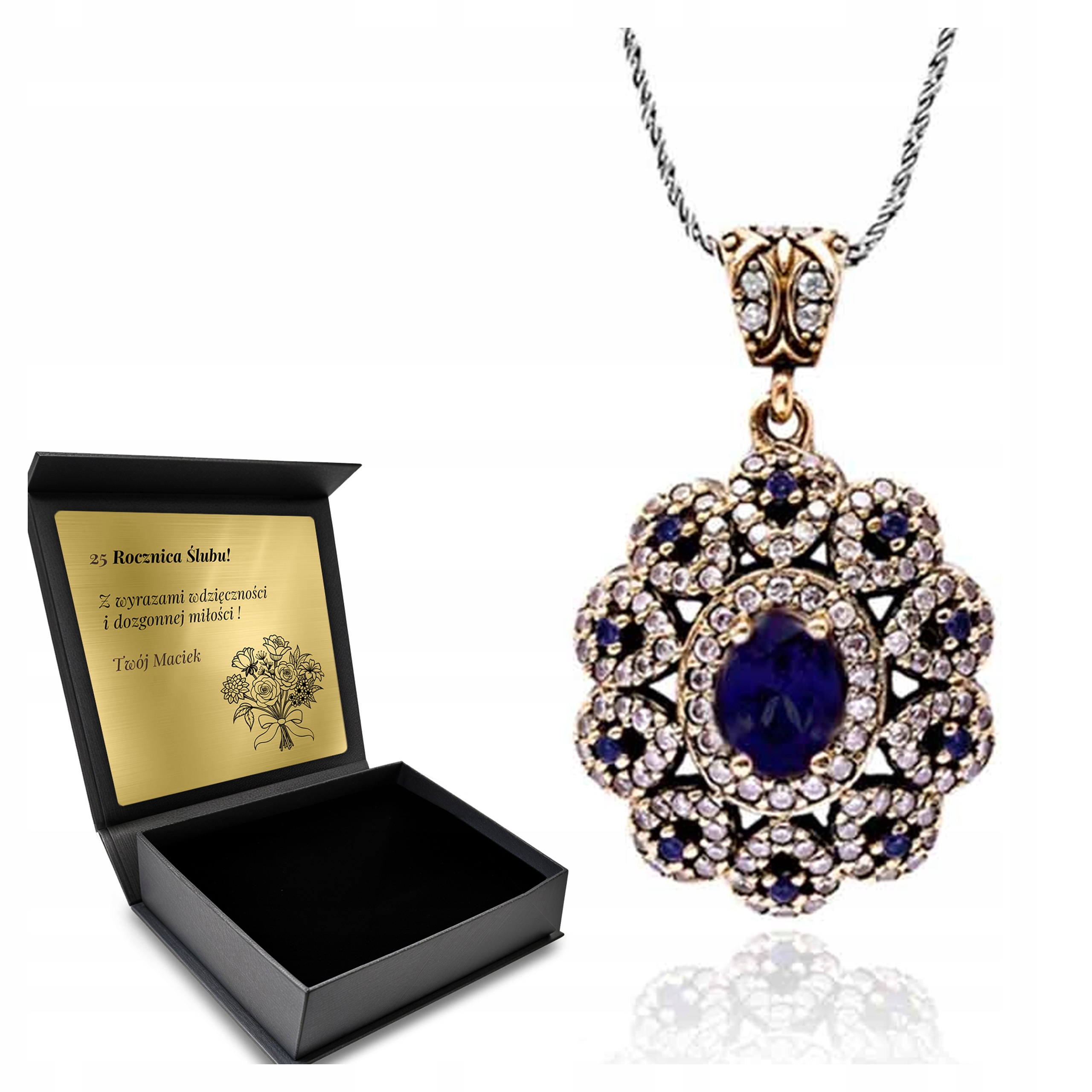 Stříbrný Náhrdelník 925 Zirkony Safírové Šperky Pro Ženy Gravírování Bonus