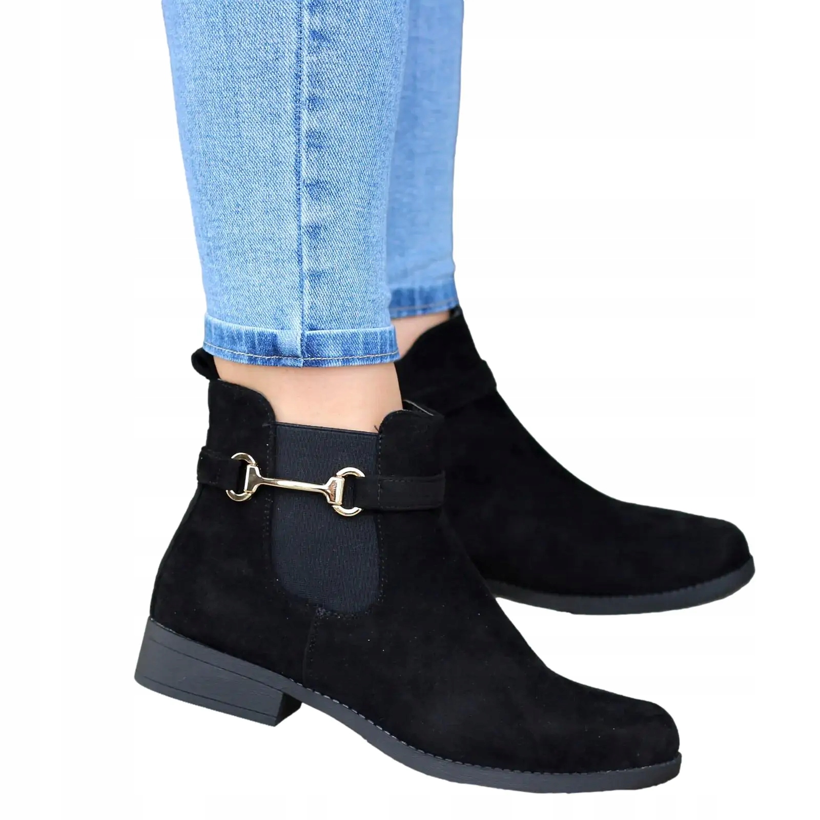 CZARNE ELEGANCKIE ZAMSZOWE BOTKI SZTYBLETY Z GUMĄ