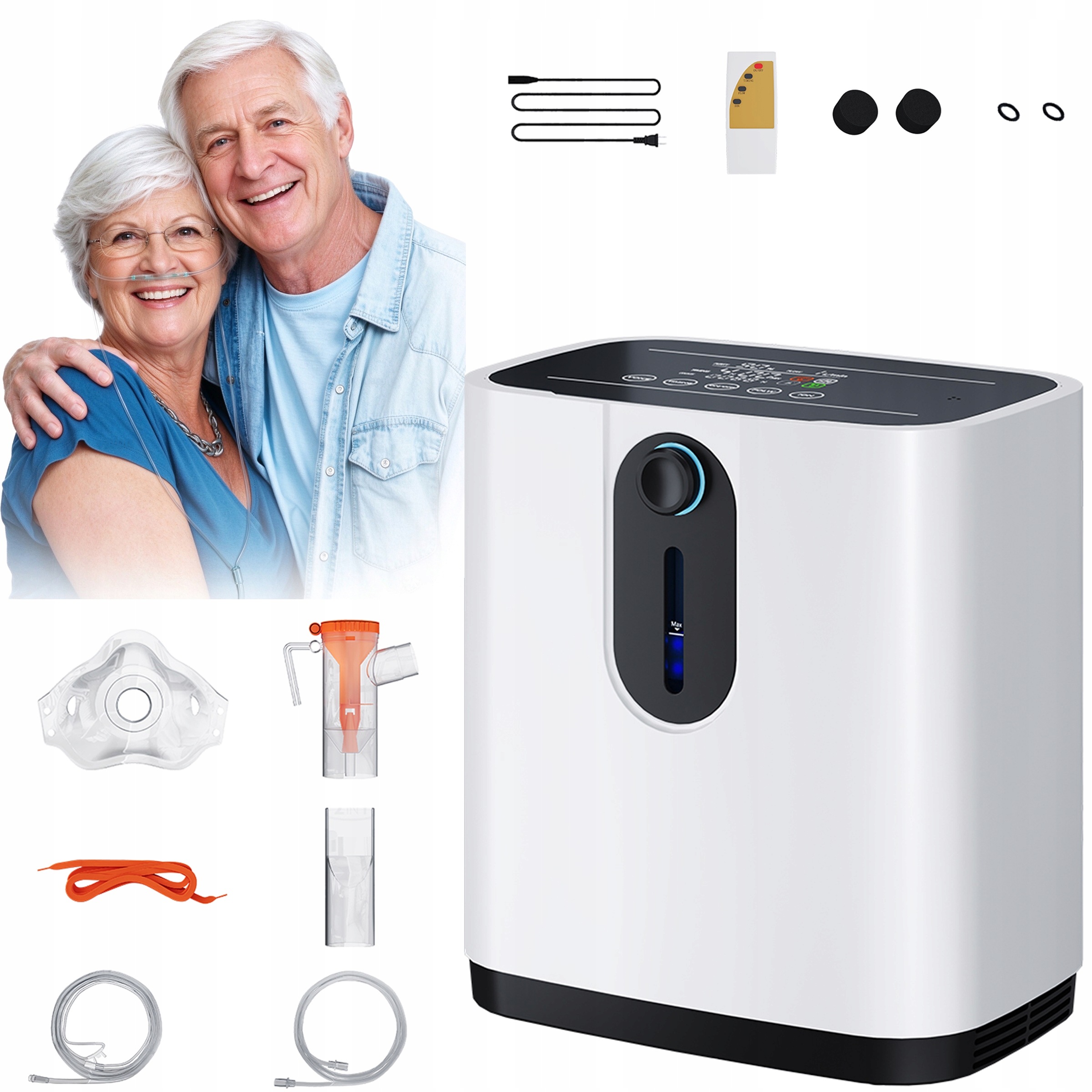 Koncentrator tlenu 1-7 l/min, 90%, z pilotem, ekranem, cichy, domowy, z funkcją nebulizacji