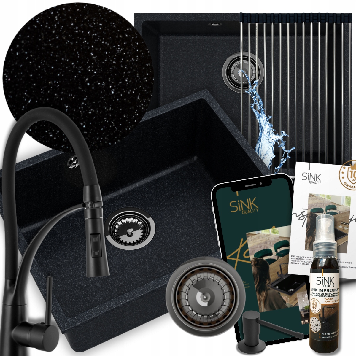 Dřez Černý granitový 60 cm s Baterií Syfon+ Bonus 9v1