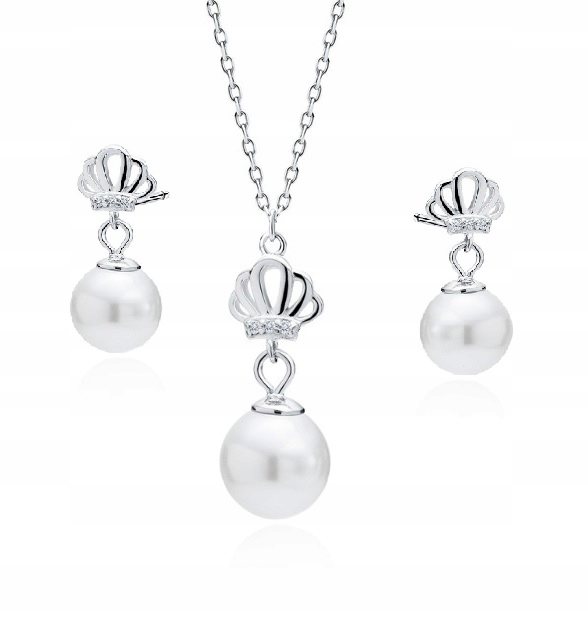 Stříbrný Komplet 925 Rhodiovaná perla s zirkony Koruna Klasická