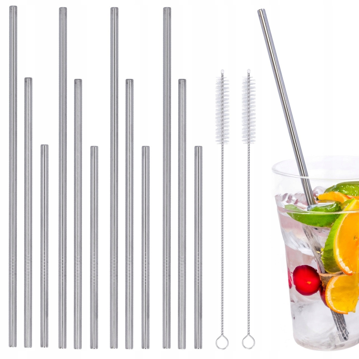 METALOWE SŁOMKI eko zestaw x14 3 rozm wielorazowe rurki do napojów czyścik