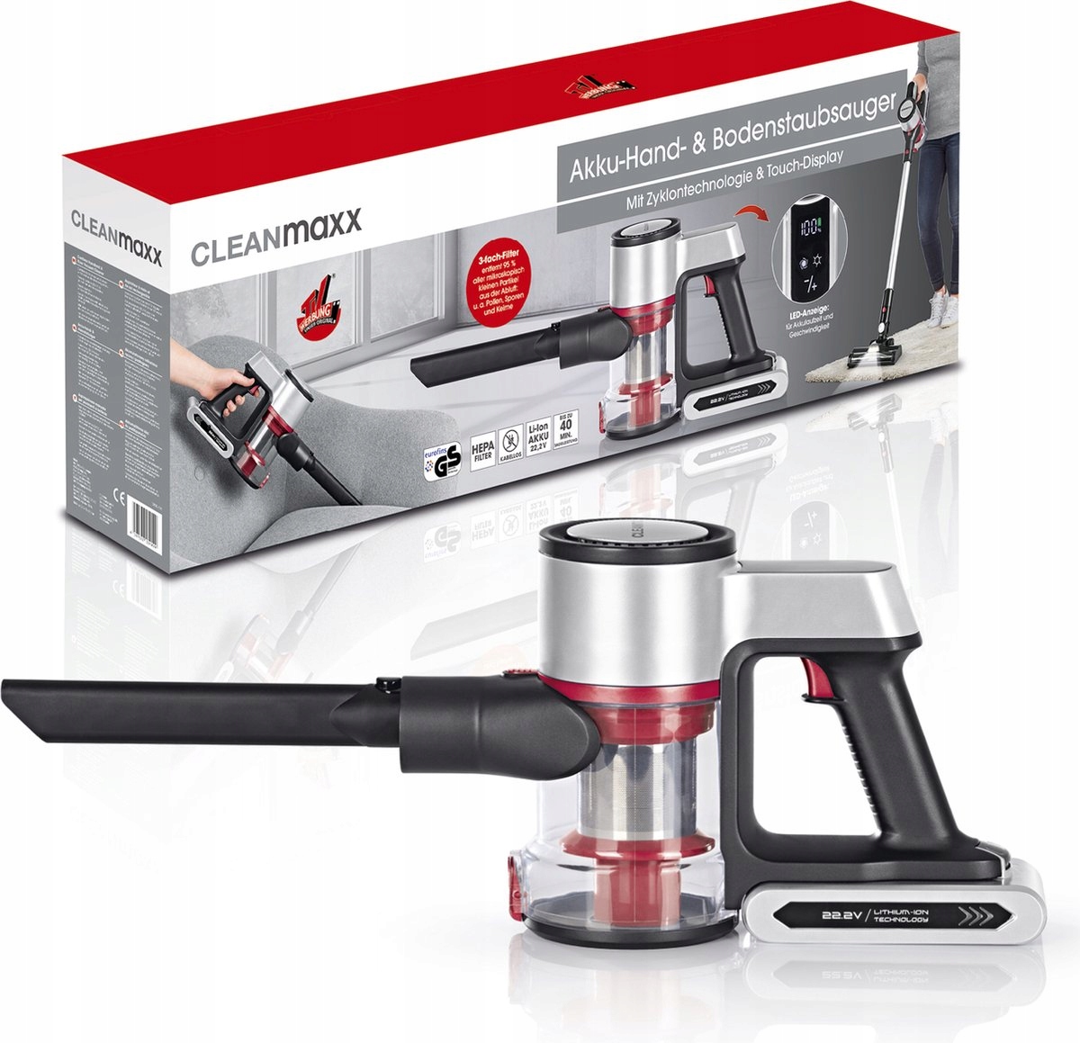 MOCNY BEZPRZEWODOWY ODKURZACZ 2w1 Z TURBOSZCZOTKĄ I PODŚWIETLENIEM LED Marka CLEANmaxx