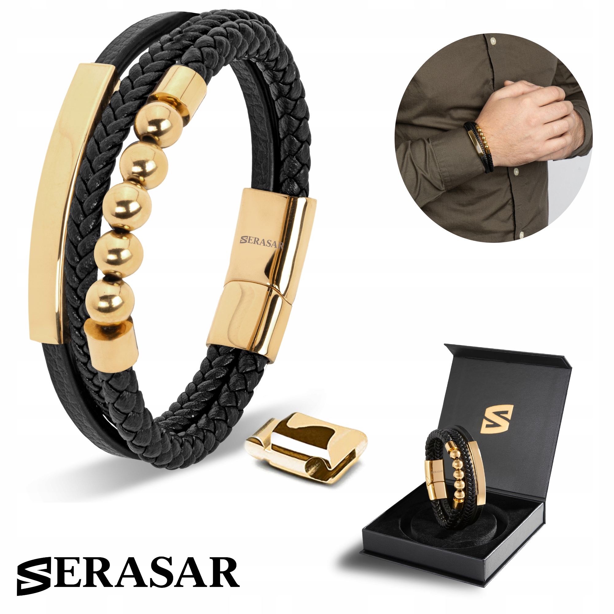 Serasar, Pánský kožený náramek [perla] Zlatý, 23 cm