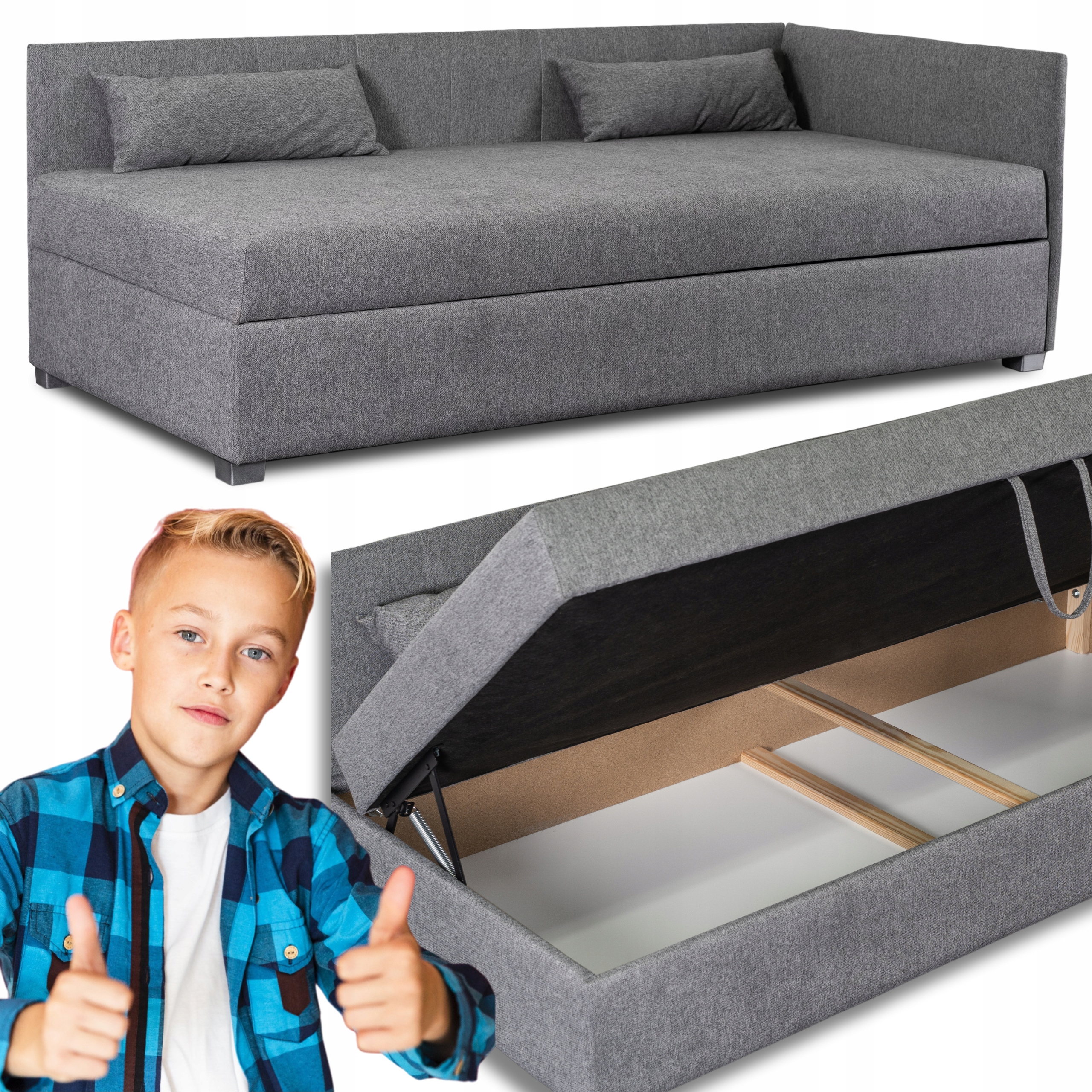 Jednolůžkový gauč 90x200 Postel Pro Mláděž Čalouněná šedá Karo 2