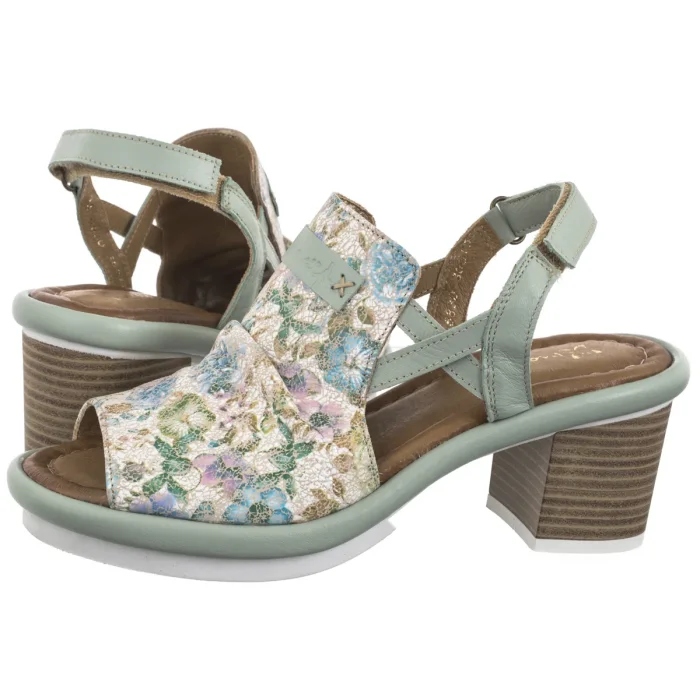 Boty Kožené sandály na podpatku Dámské Maciejka Zelené Kvítky