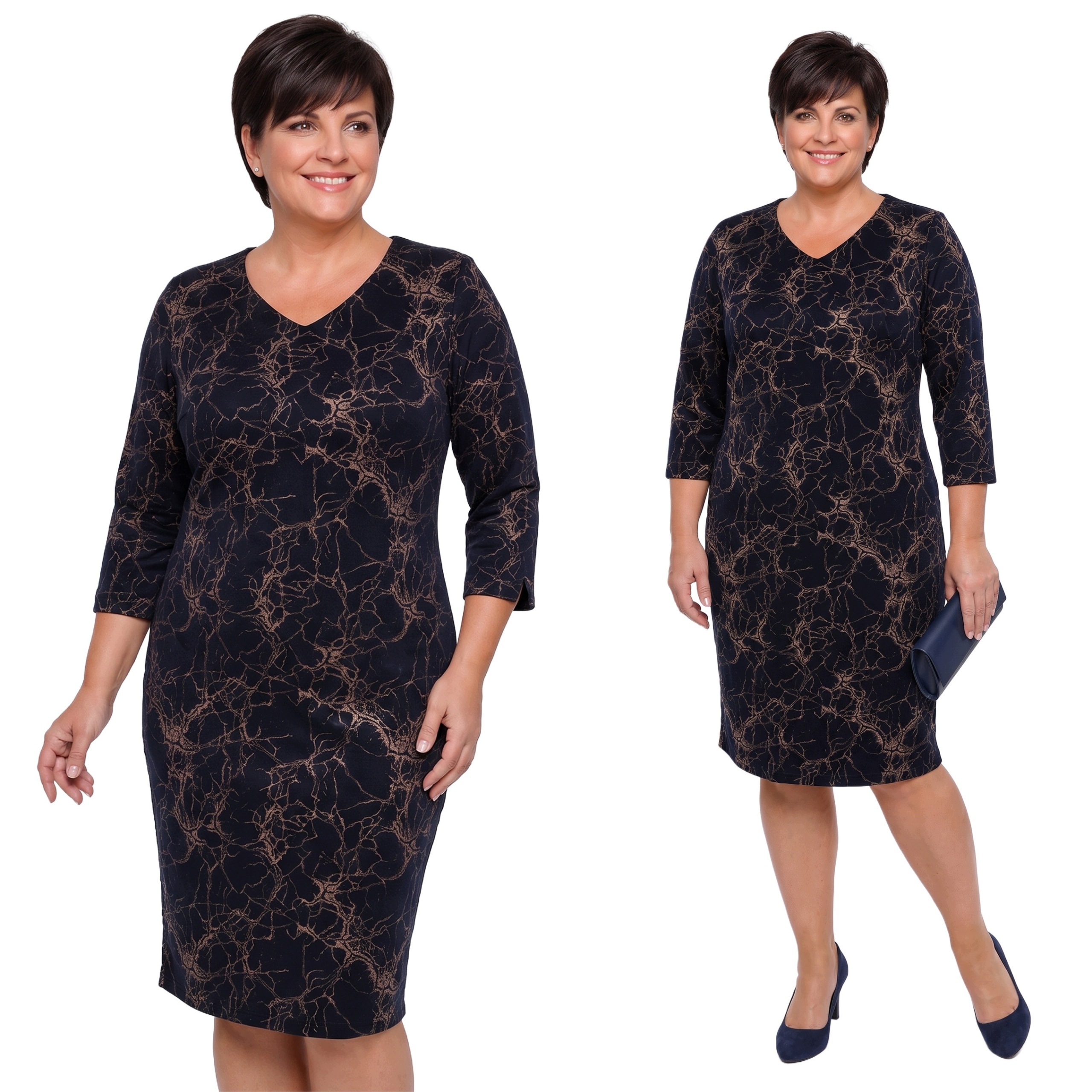 Tmavě modrá šaty se zlatými lesklými vzory plus size velikost 50