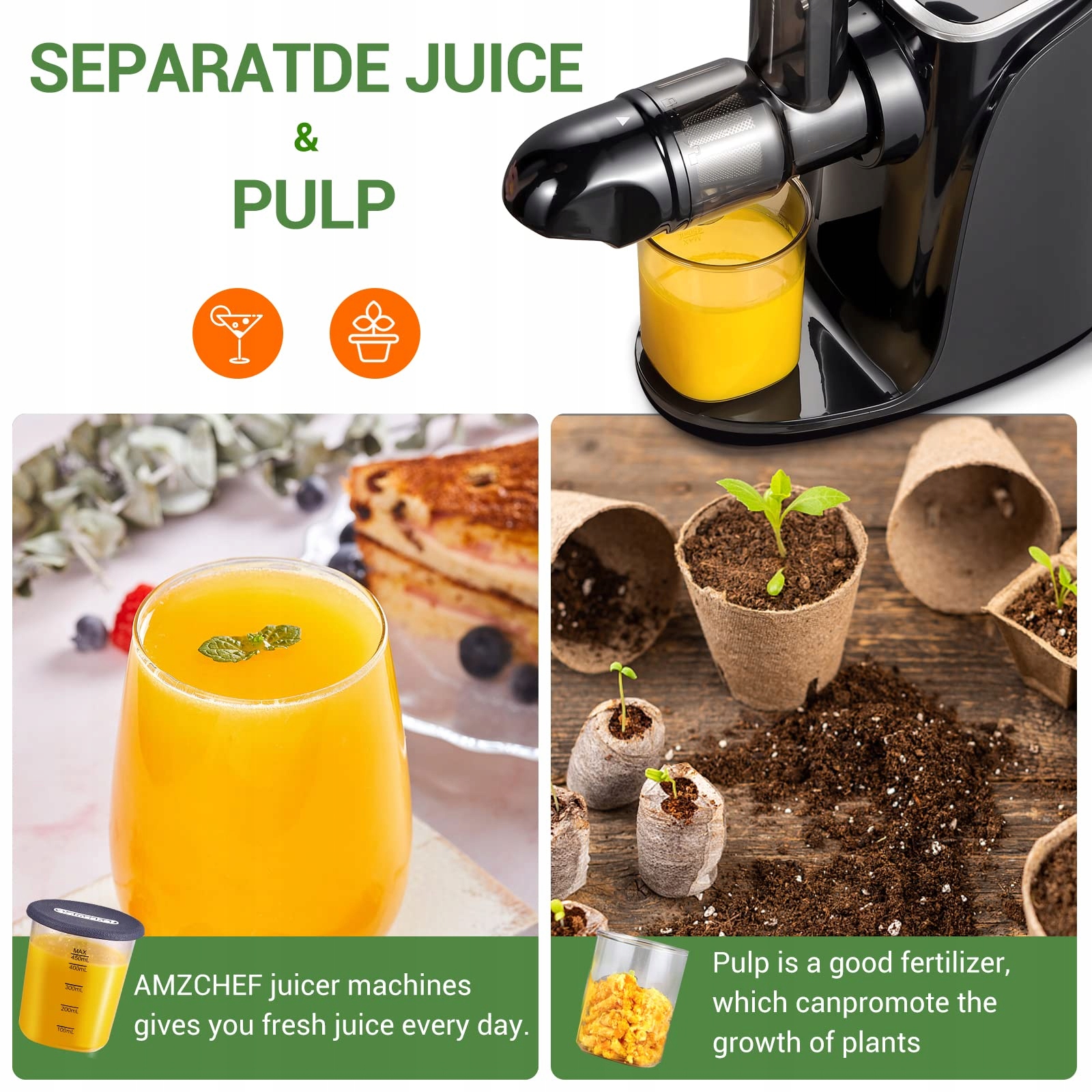 AMZCHEF Wyciskarka Wolnoobrotowa Do Warzyw i Owoców LED Bez BPA — miniatura 4