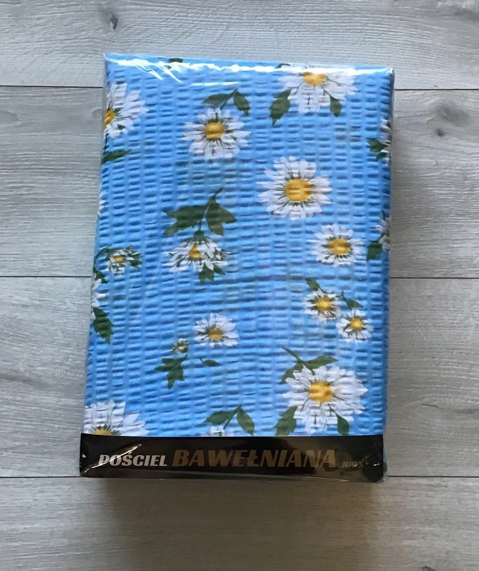 Komplet Pościeli Z Kory 100% Bawełna 220x200cm Stokrotki Niebieskie