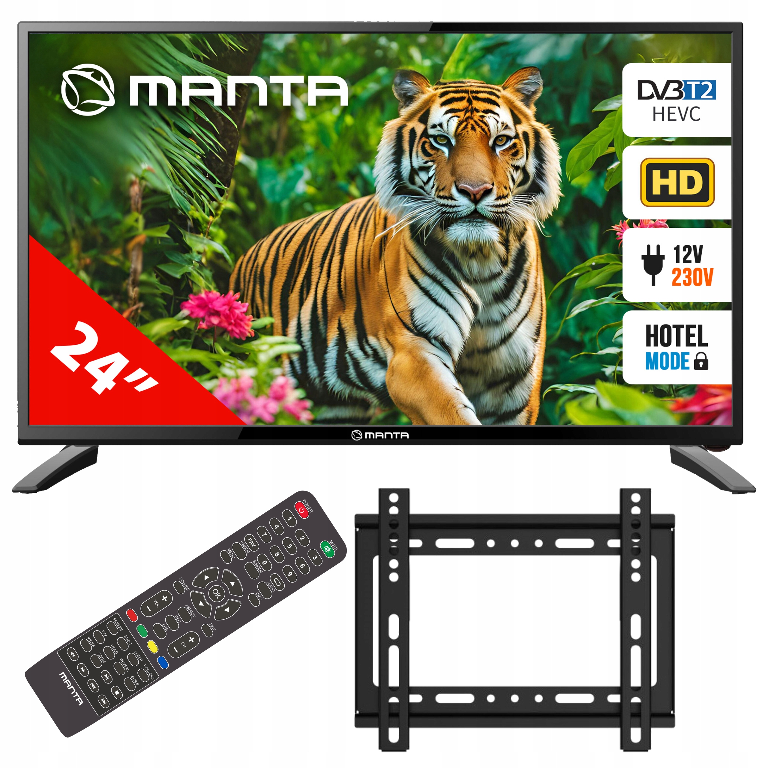 Telewizor 24 Cale Led Hd Dvbt Ips Hdmi Usb Zasilanie 12V 230V Manta +uchwyt