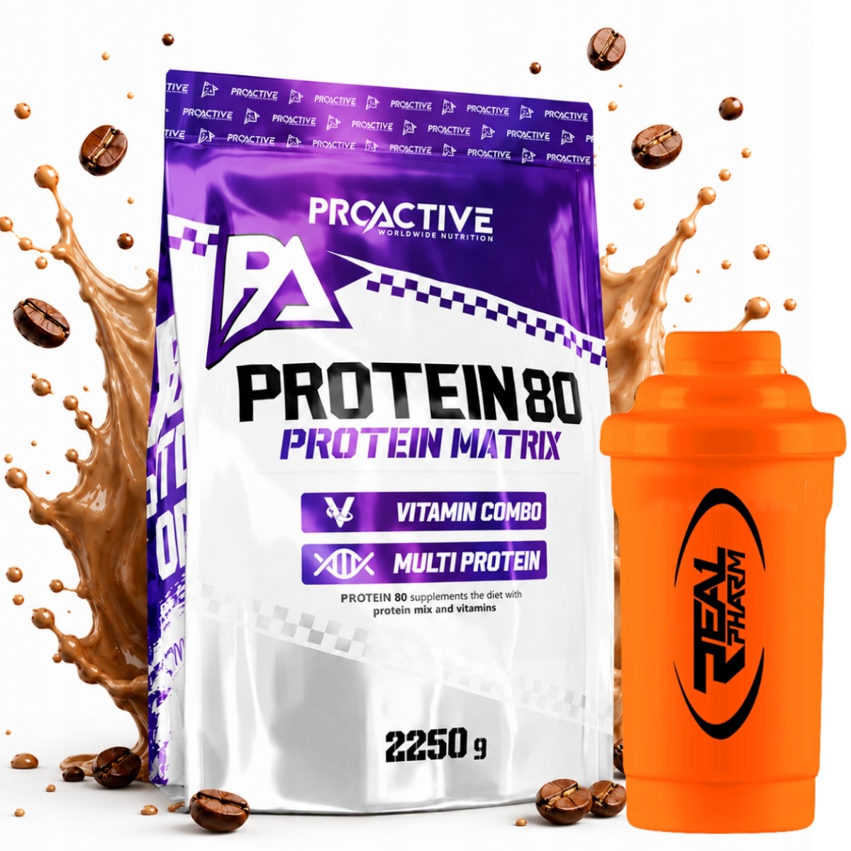 Bílkovina mix bílkovin ProActive Protein 80 2250 g Latte Shaker Real Pharm