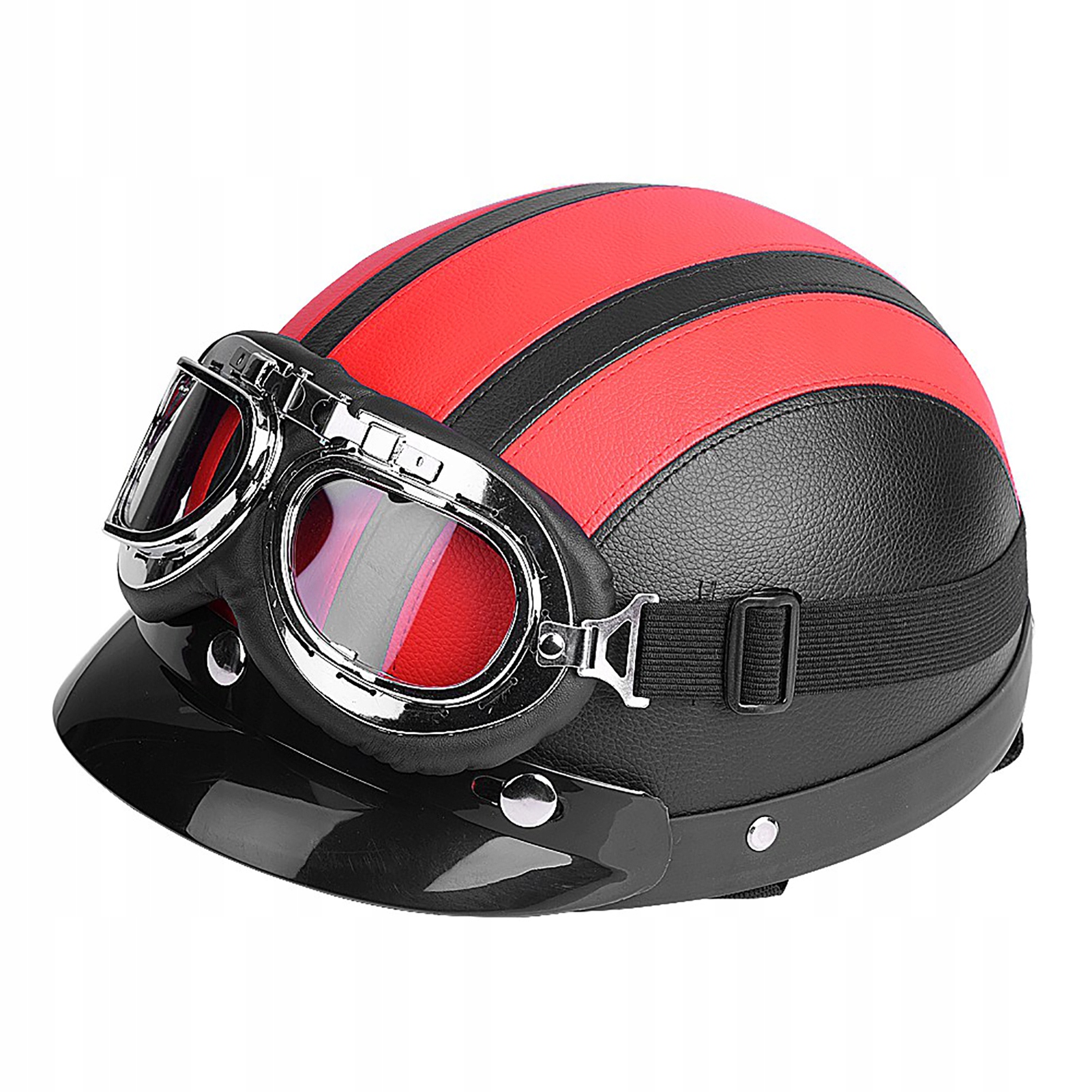 Kask Motocyklowy Skuter Orzeszek Hełm Retro Zestaw Gogle Uv Czerwony