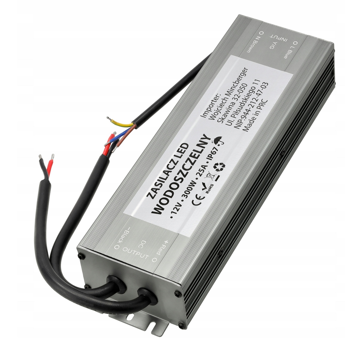 Zasilacz 24V 300W 12,5A wodoodporny taśm Led IP67 hermetyczny metal