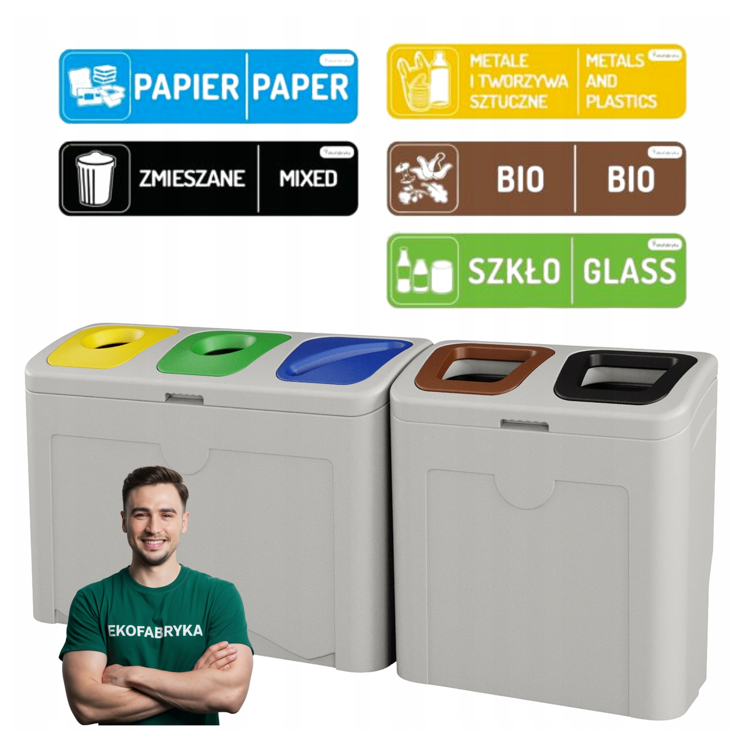 Stacja do segregacji odpadów Tudeks Minimal 5x50 L jasno szary z naklejkami