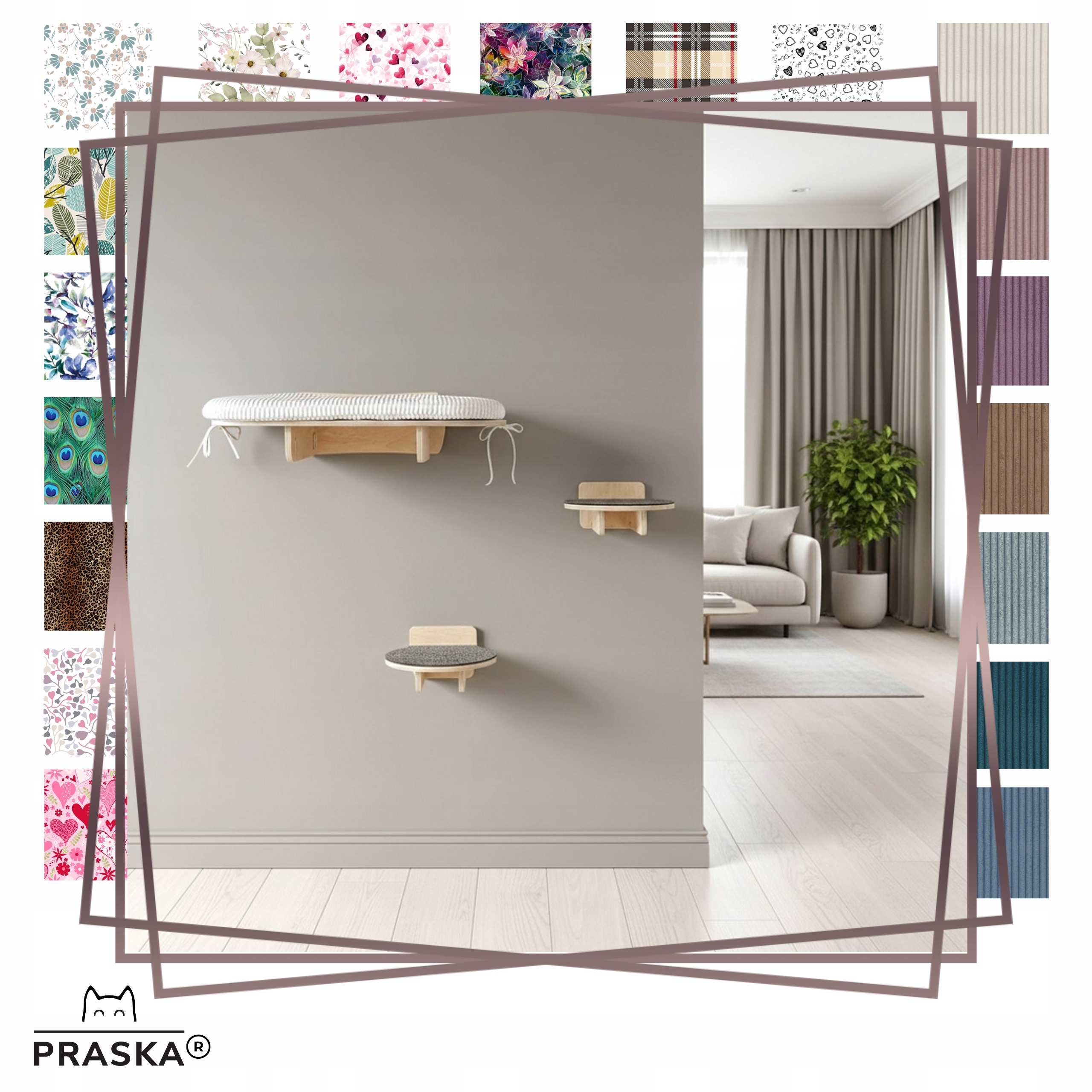 Praska Sada 9 polic na zeď pro kočky škrabadlo Kociostrada překližka Natural